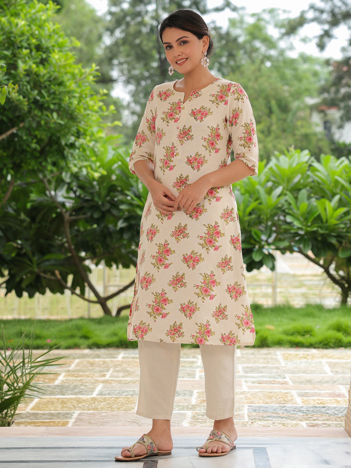 Linen Cotton Floral Kurta