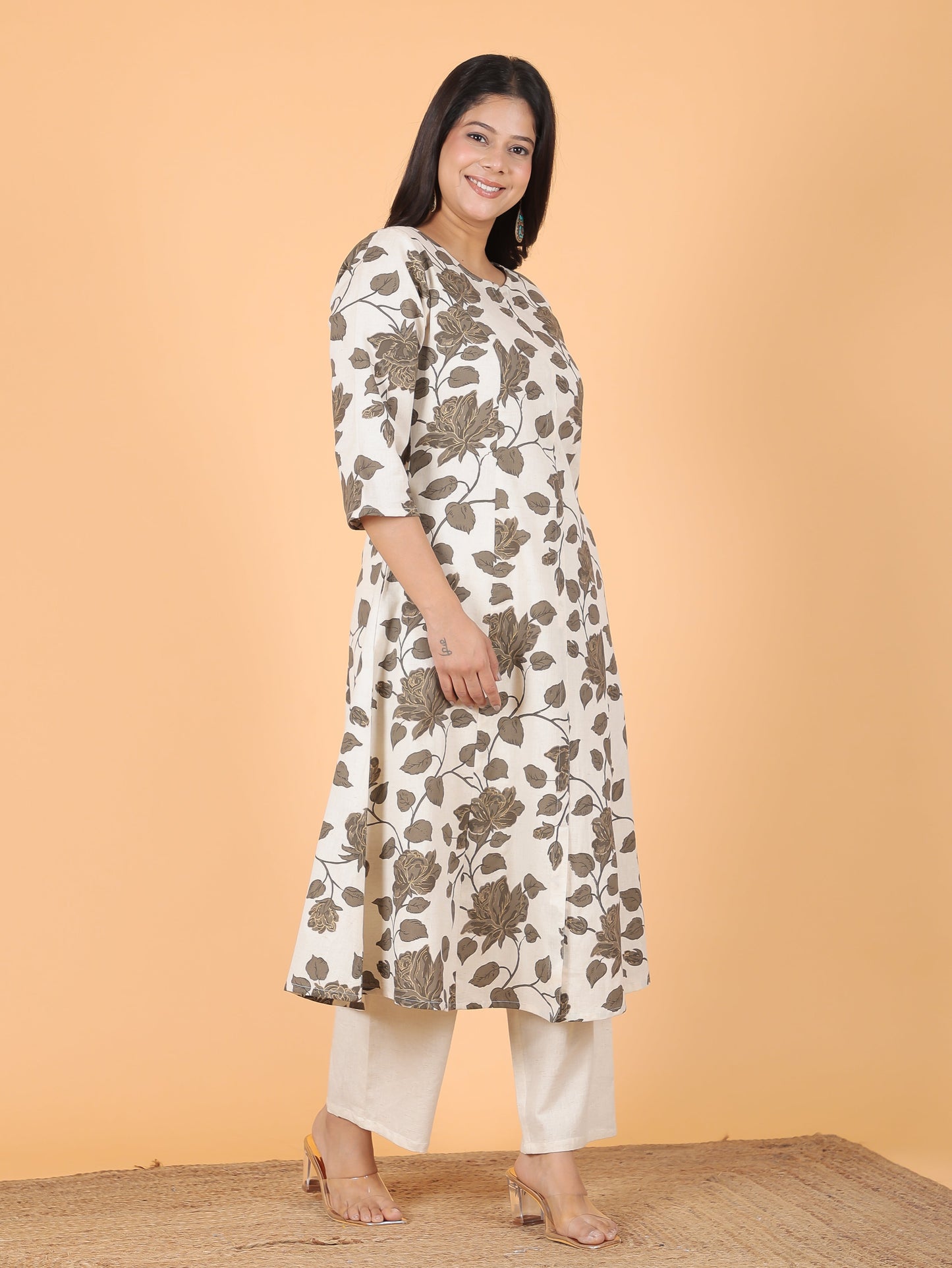 Linen Cotton Floral A-line White Kurta