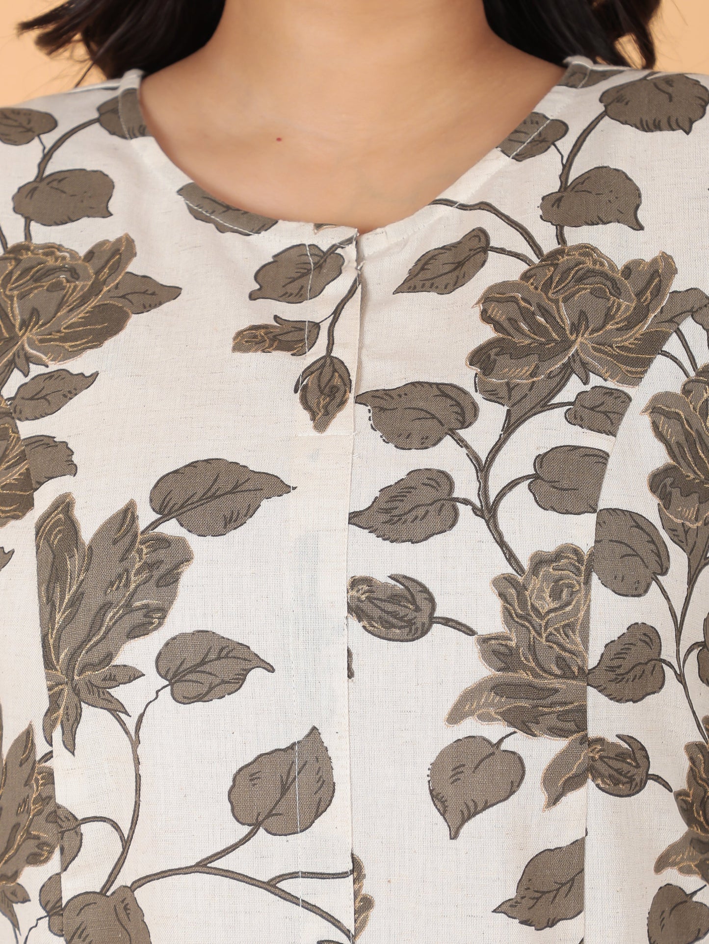 Linen Cotton Floral A-line White Kurta