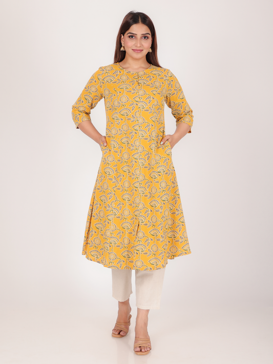 Linen Cotton Floral A-line Yellow Kurta