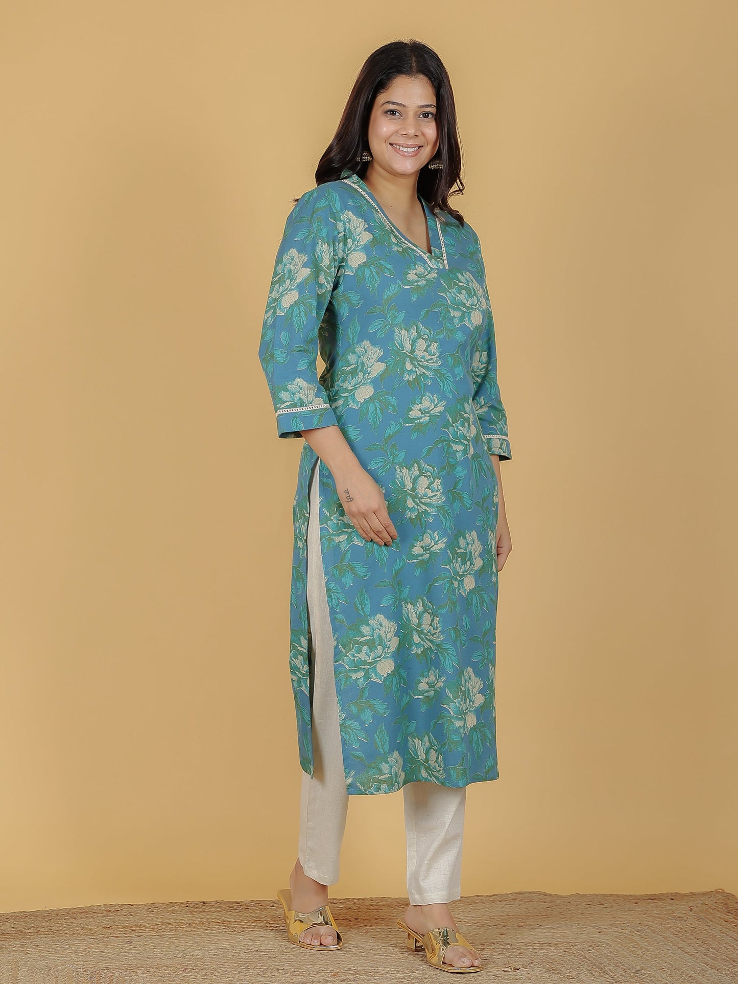 Linen Cotton Floral Kurta