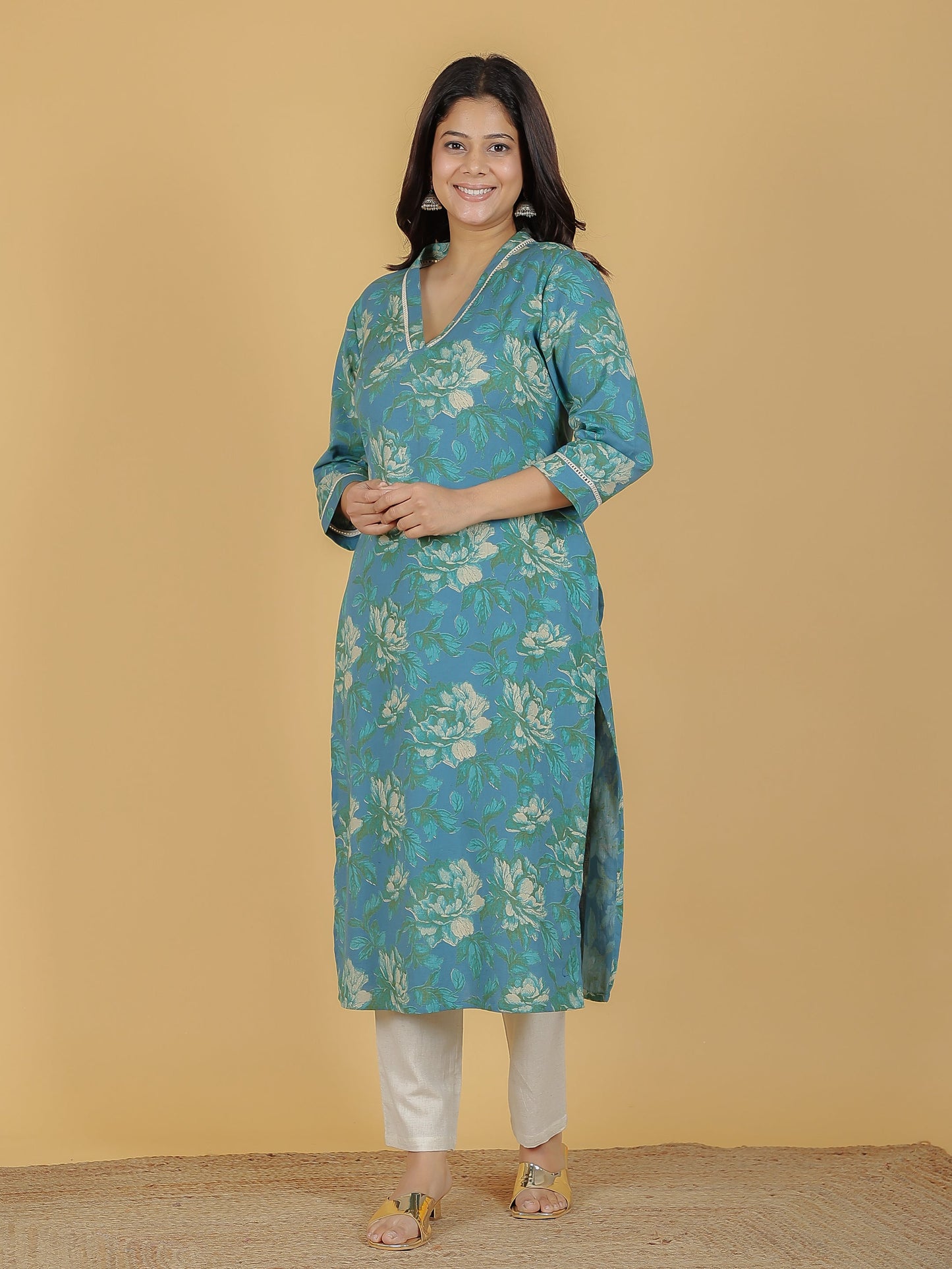 Linen Cotton Floral Kurta