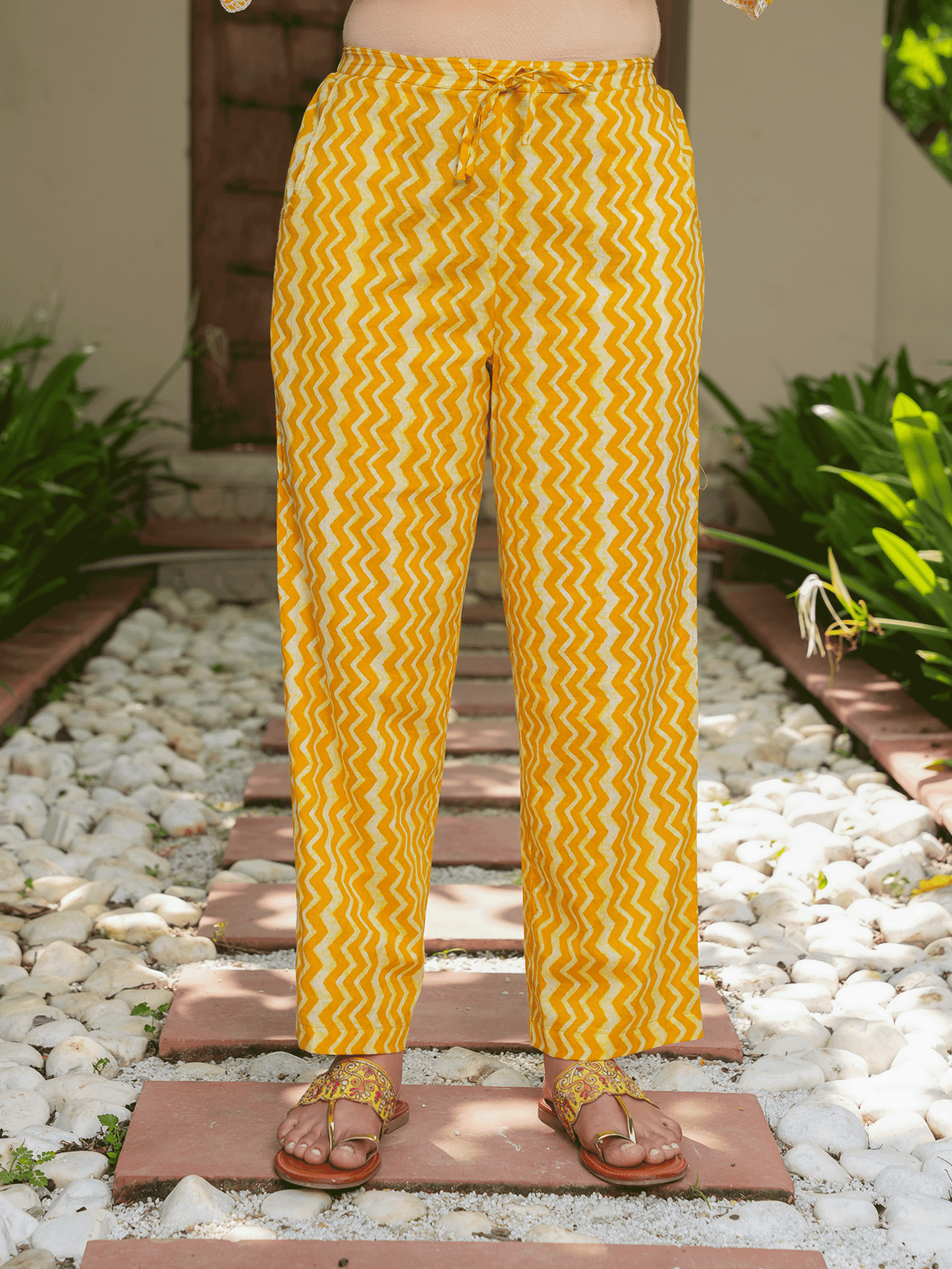 Soft Cotton Chevron Yellow Straight Trousers