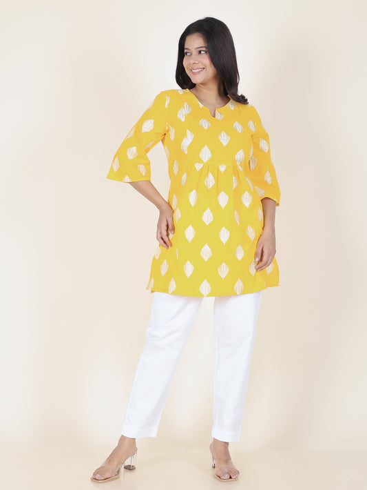 Soft Cotton Geometric A-line Yellow Kurti