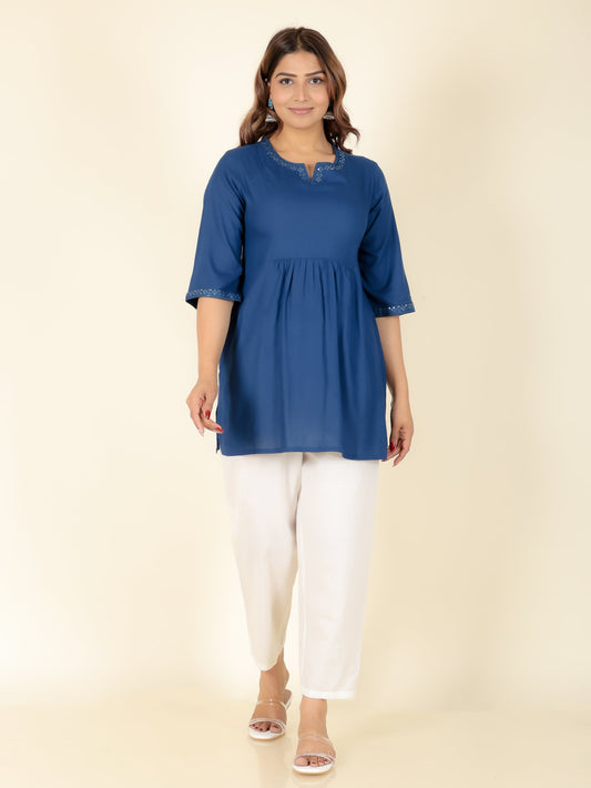 Viscose Solid A-line Blue Kurti