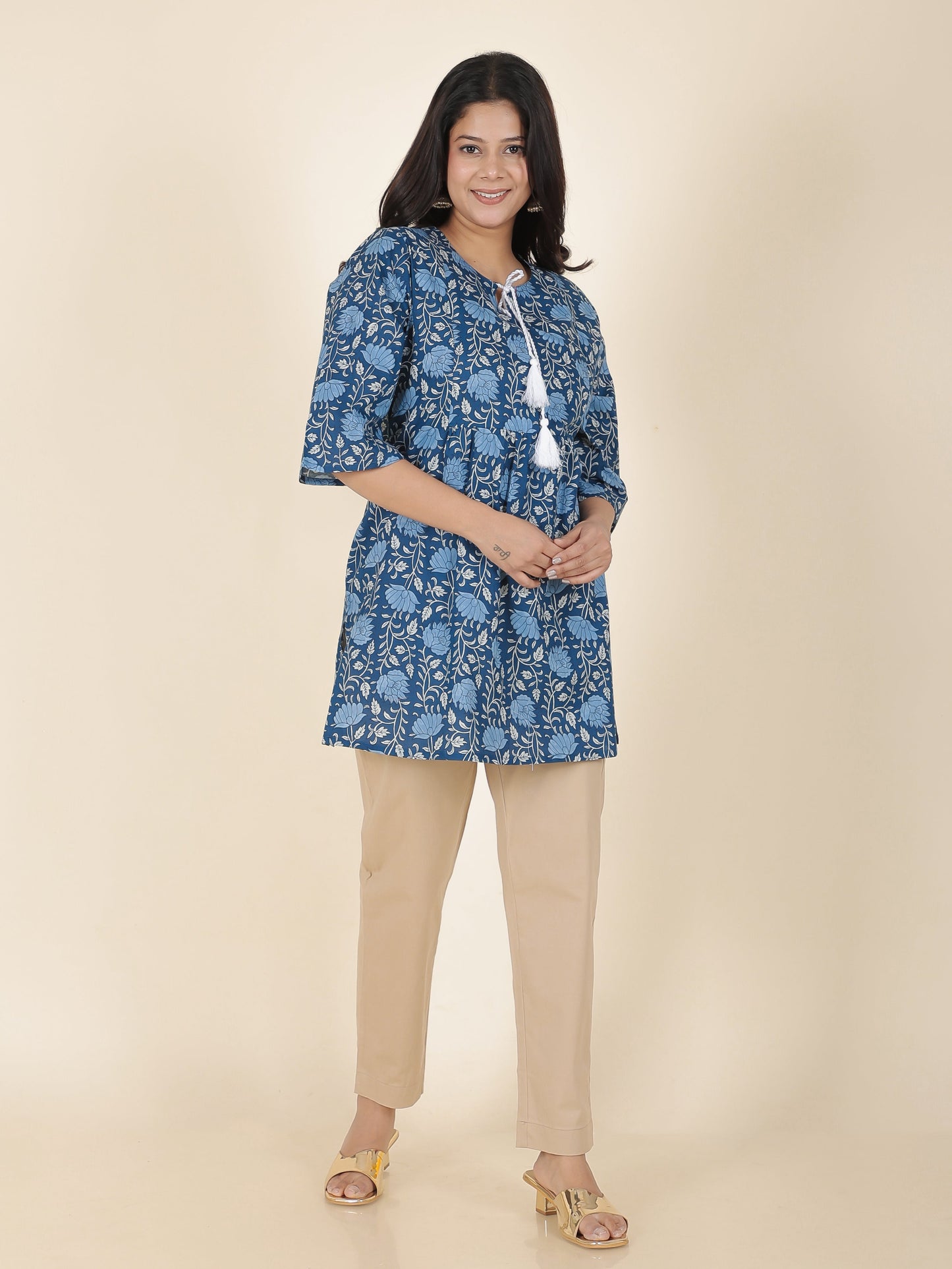 Soft Cotton Floral A-line Indigo Blue Kurti