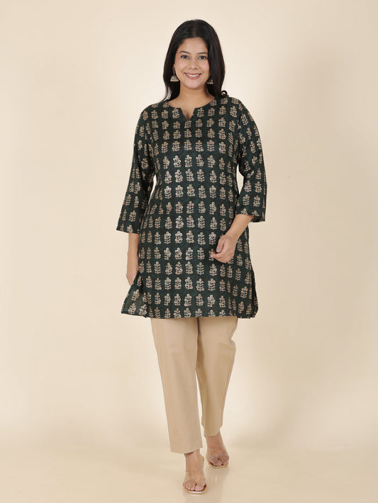 Viscose Slub Gold foil Straight Green Kurti