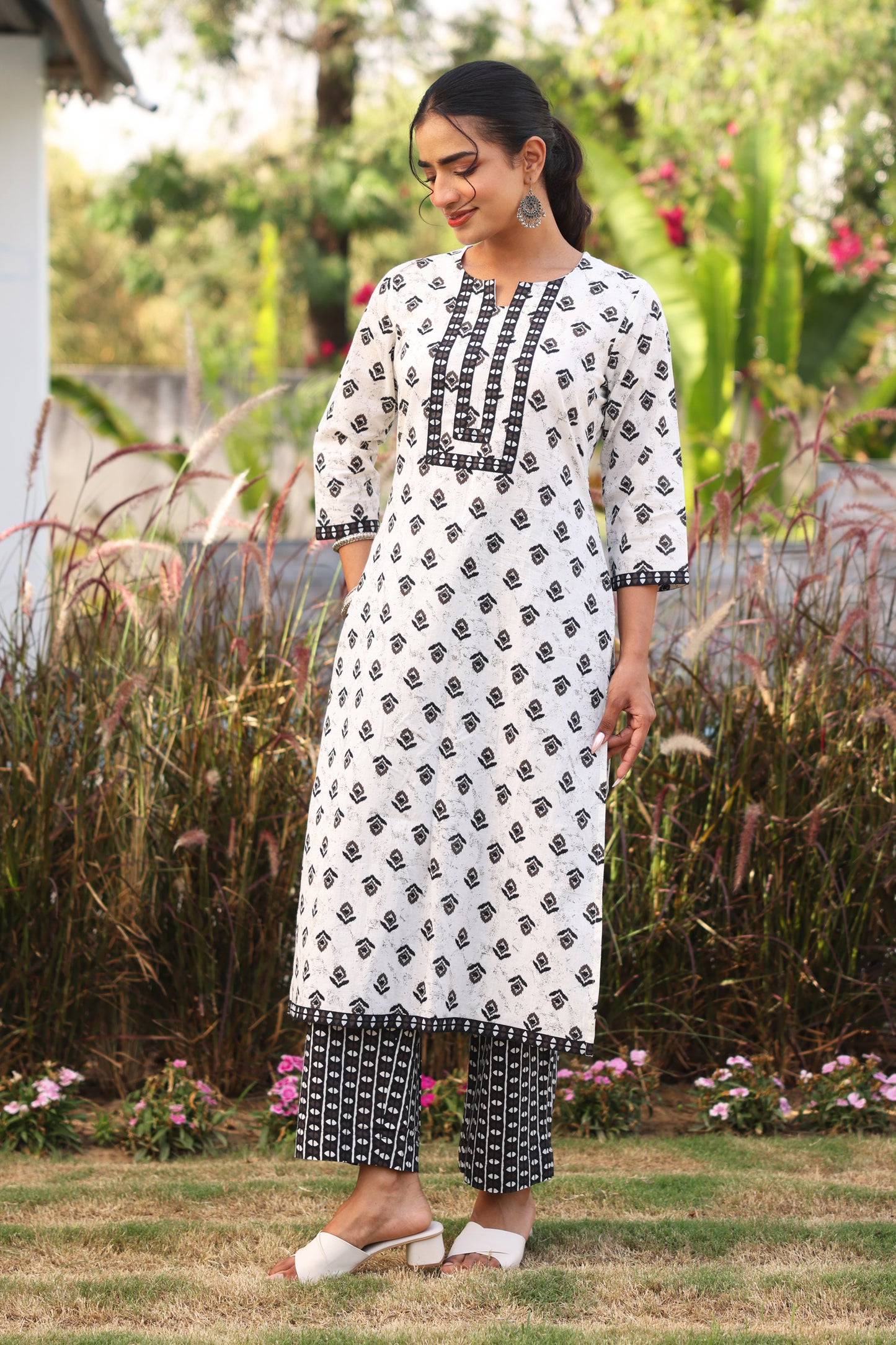 Soft Cotton Ikat Straight White Kurta