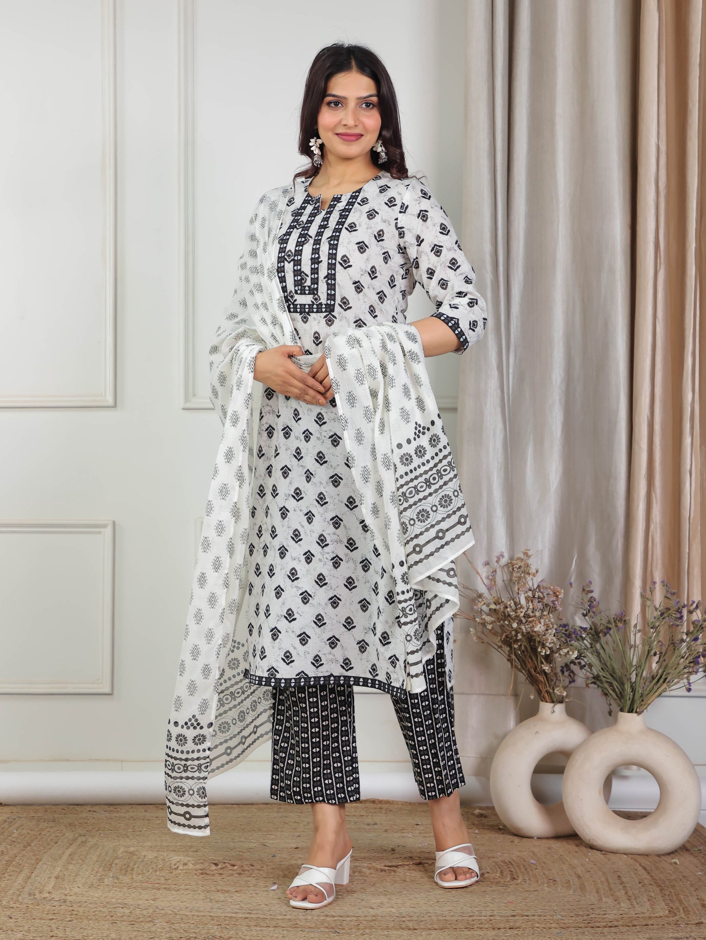 Soft Cotton Ikat Straight White Kurta