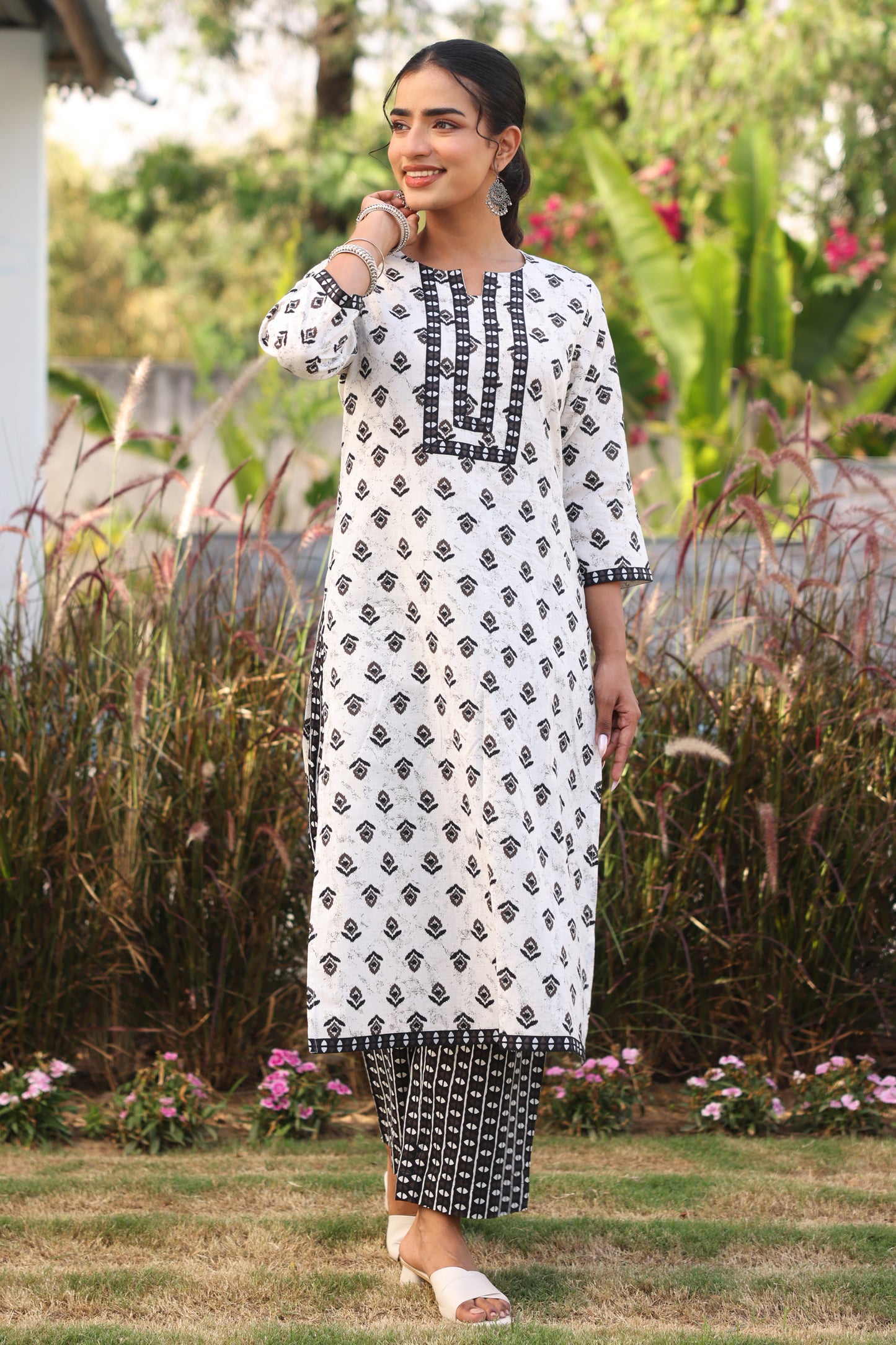 Soft Cotton Ikat Straight White Kurta