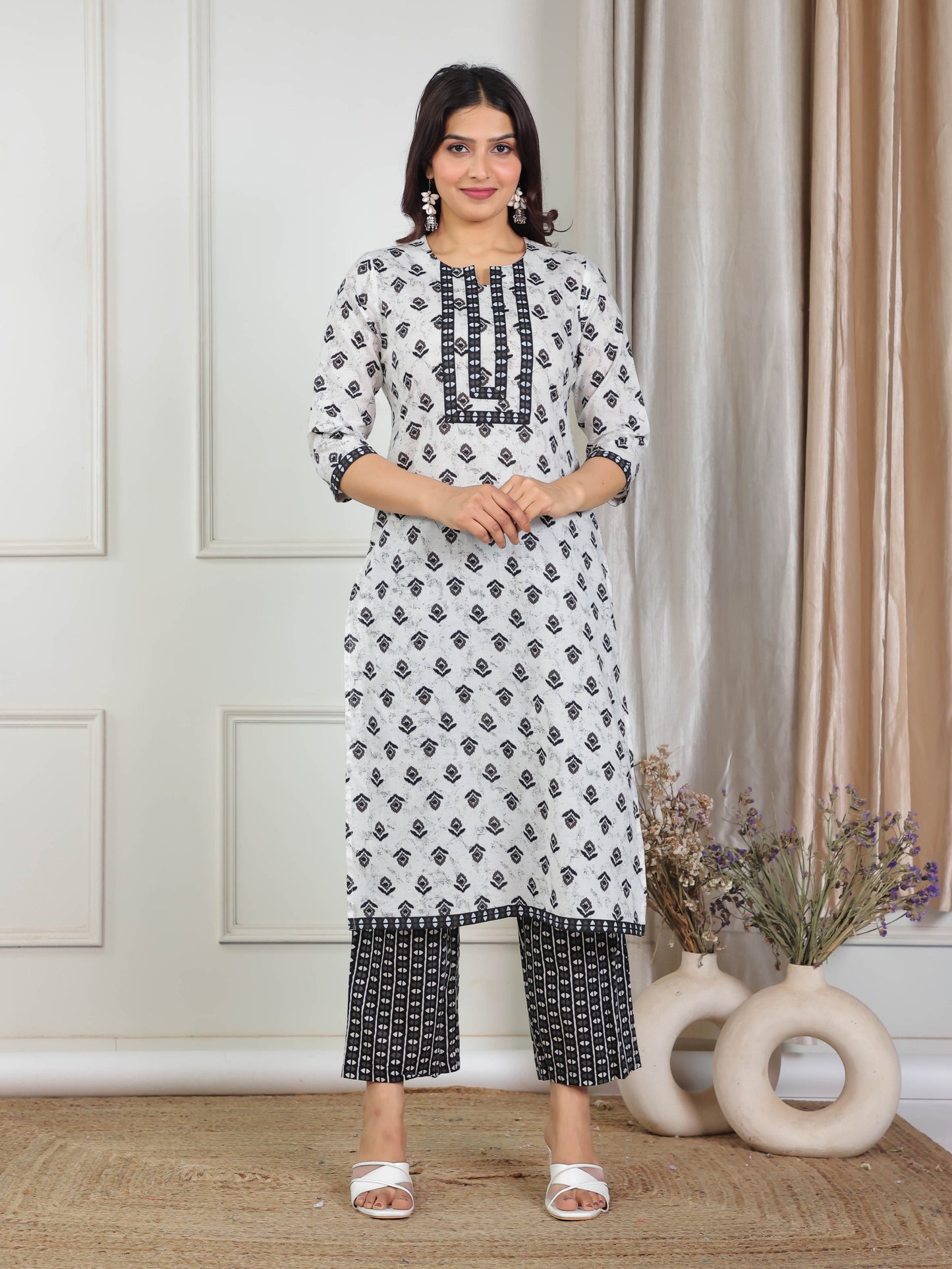 Soft Cotton Ikat Straight White Kurta