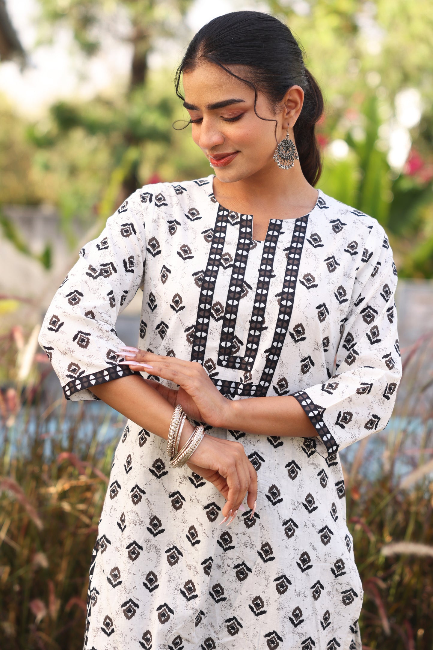 Soft Cotton Ikat Straight White Kurta