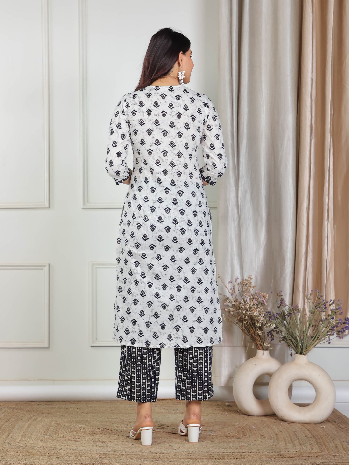 Soft Cotton Ikat Straight White Kurta