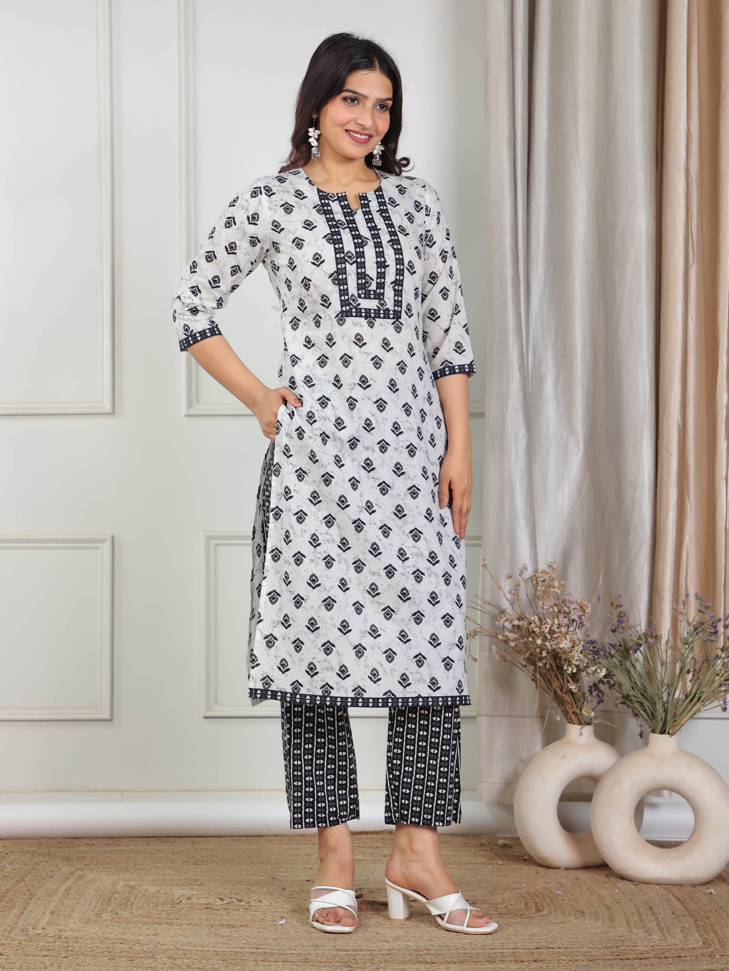 Soft Cotton Ikat Straight White Kurta