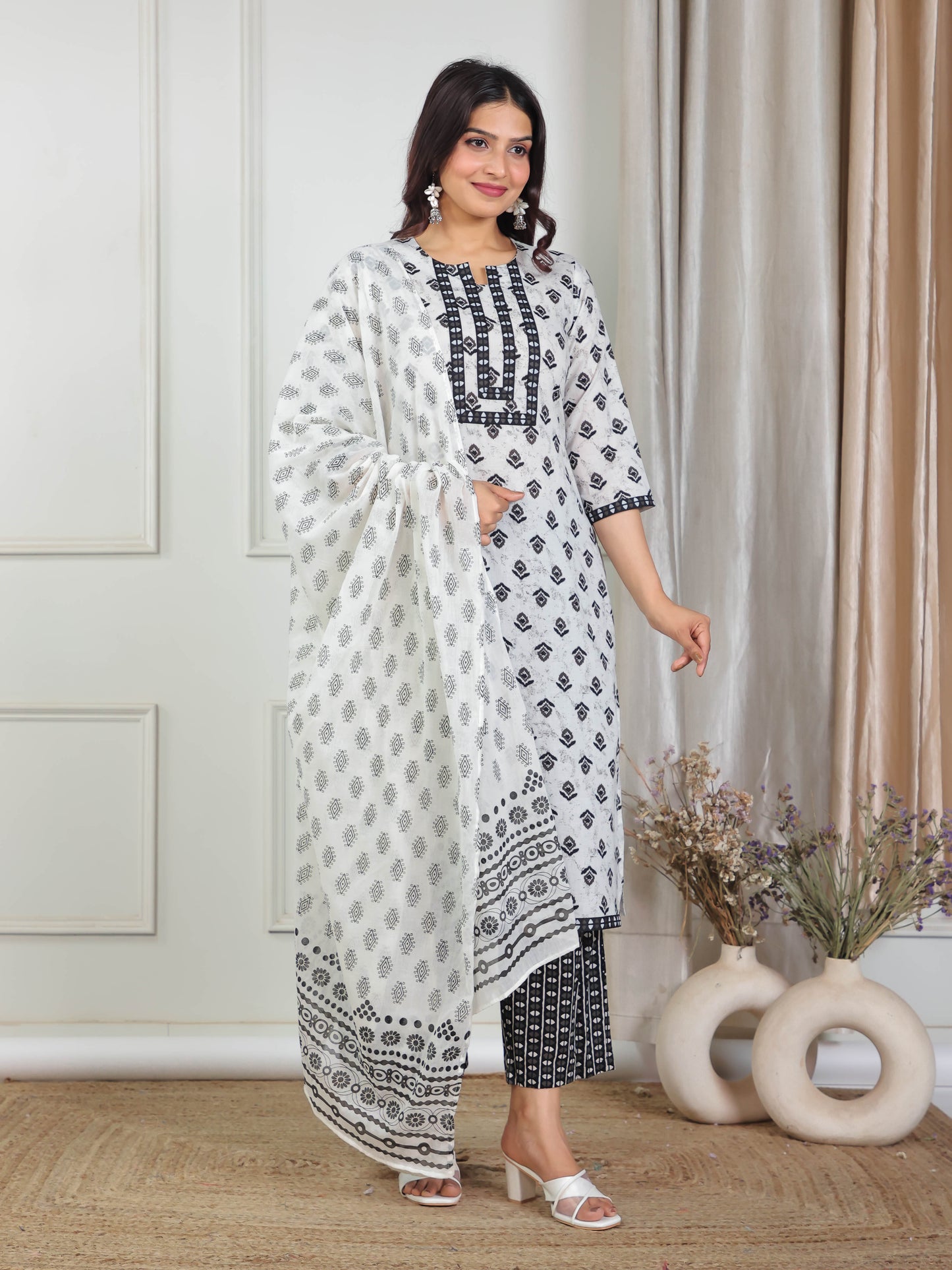 Soft Cotton Ikat Straight White Kurta