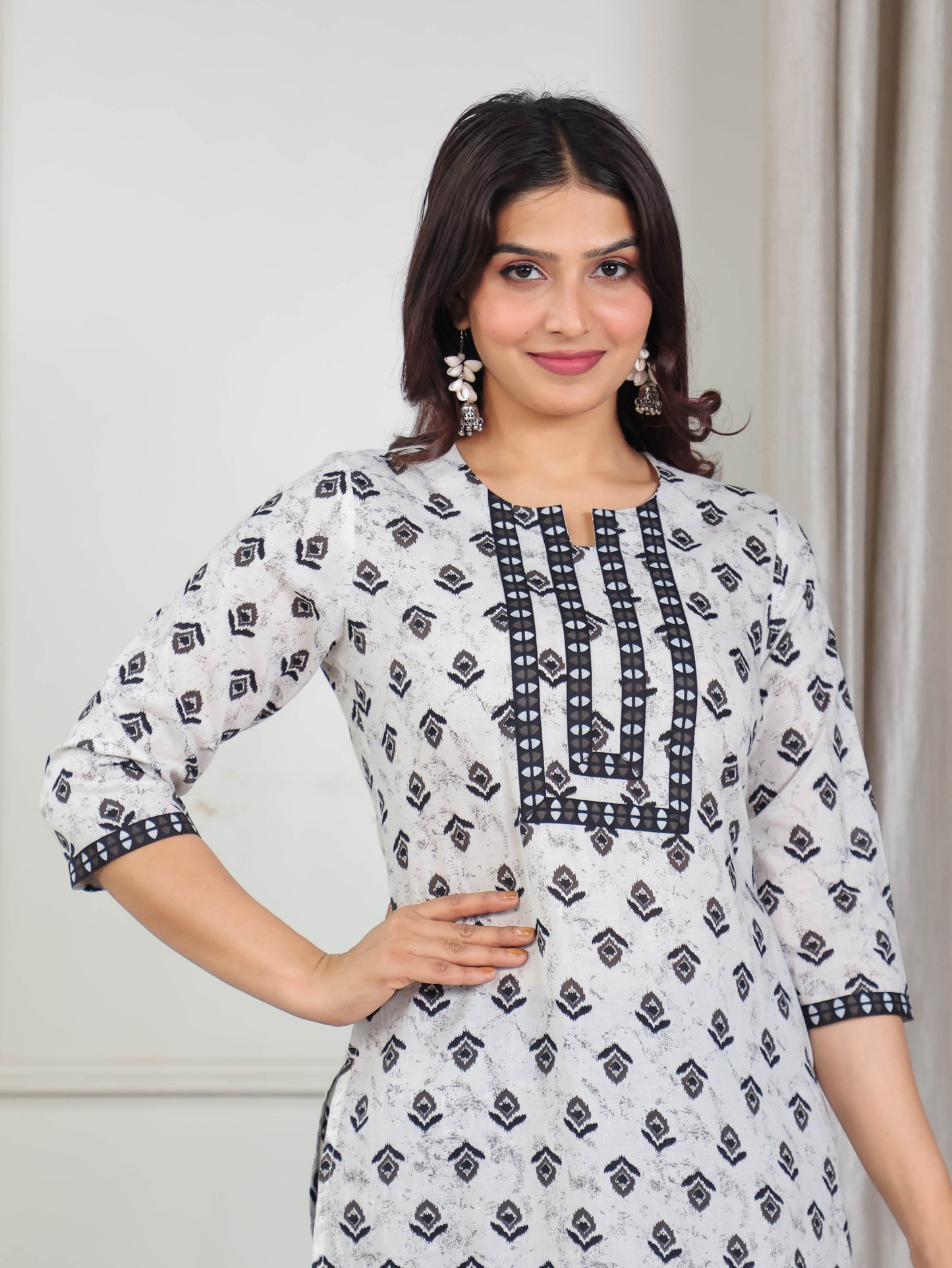 Soft Cotton Ikat Straight White Kurta