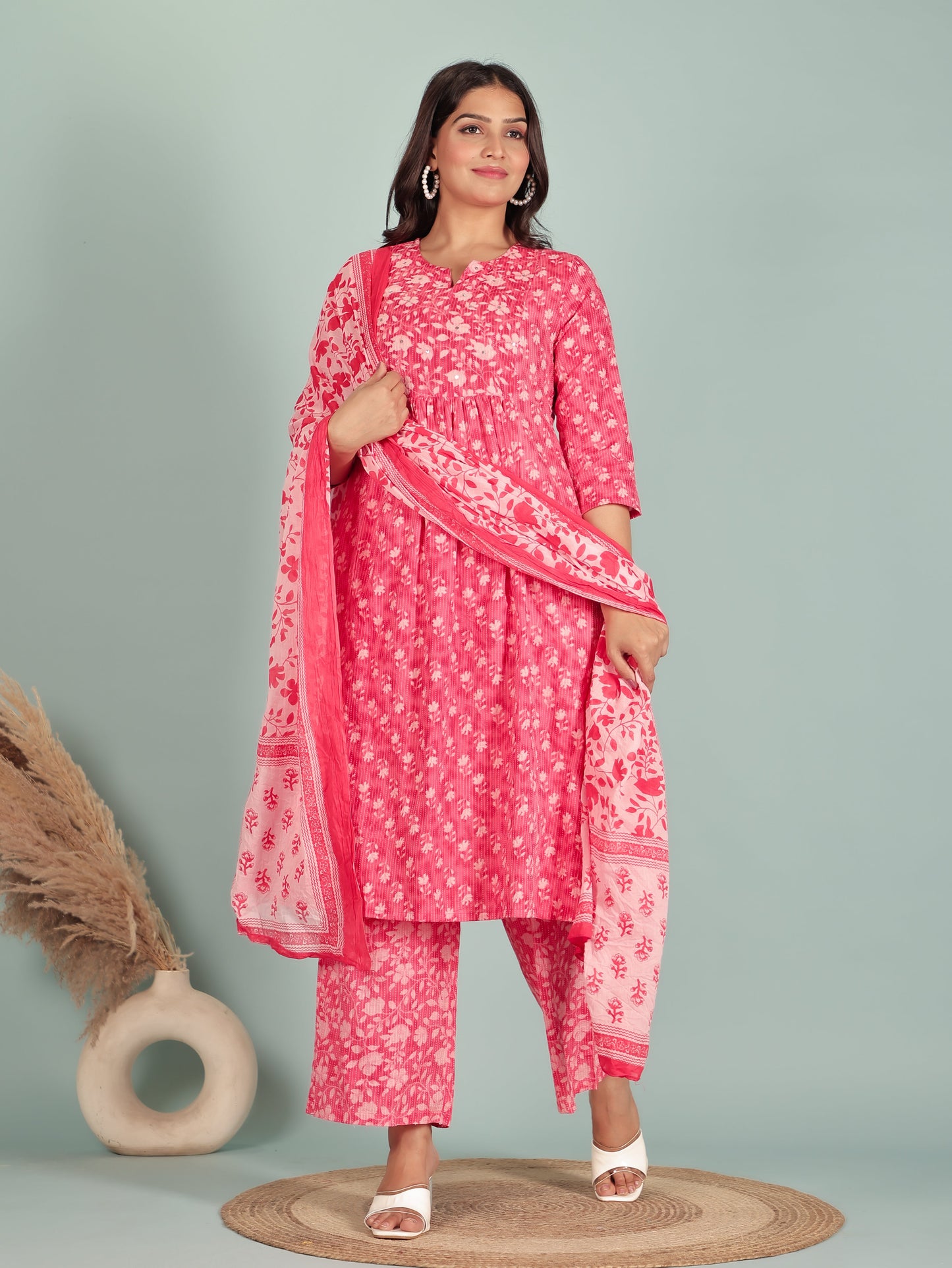 Kantha Cotton Floral Panelled Pink Kurta