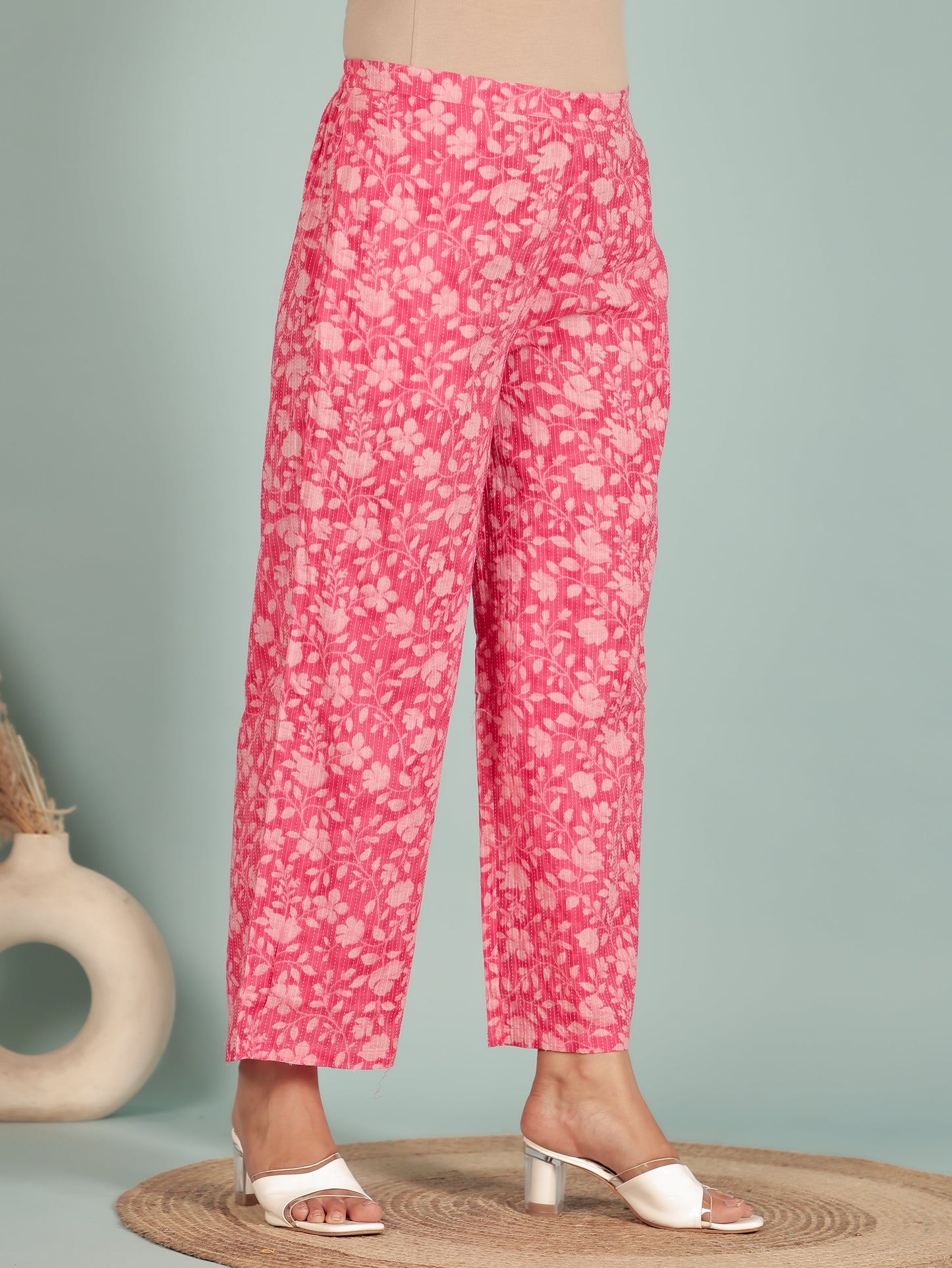 Kantha Cotton Floral Panelled Pink Kurta