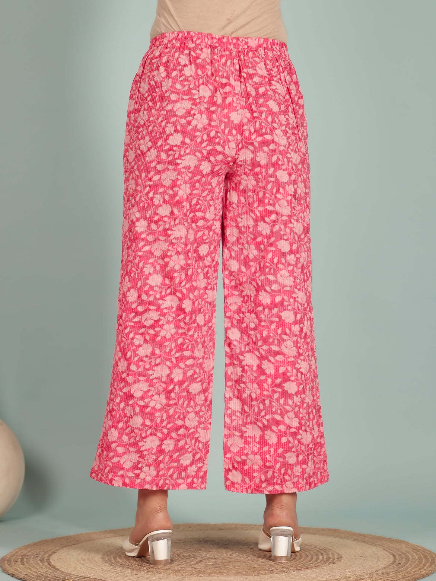 Kantha Cotton Floral Panelled Pink Kurta