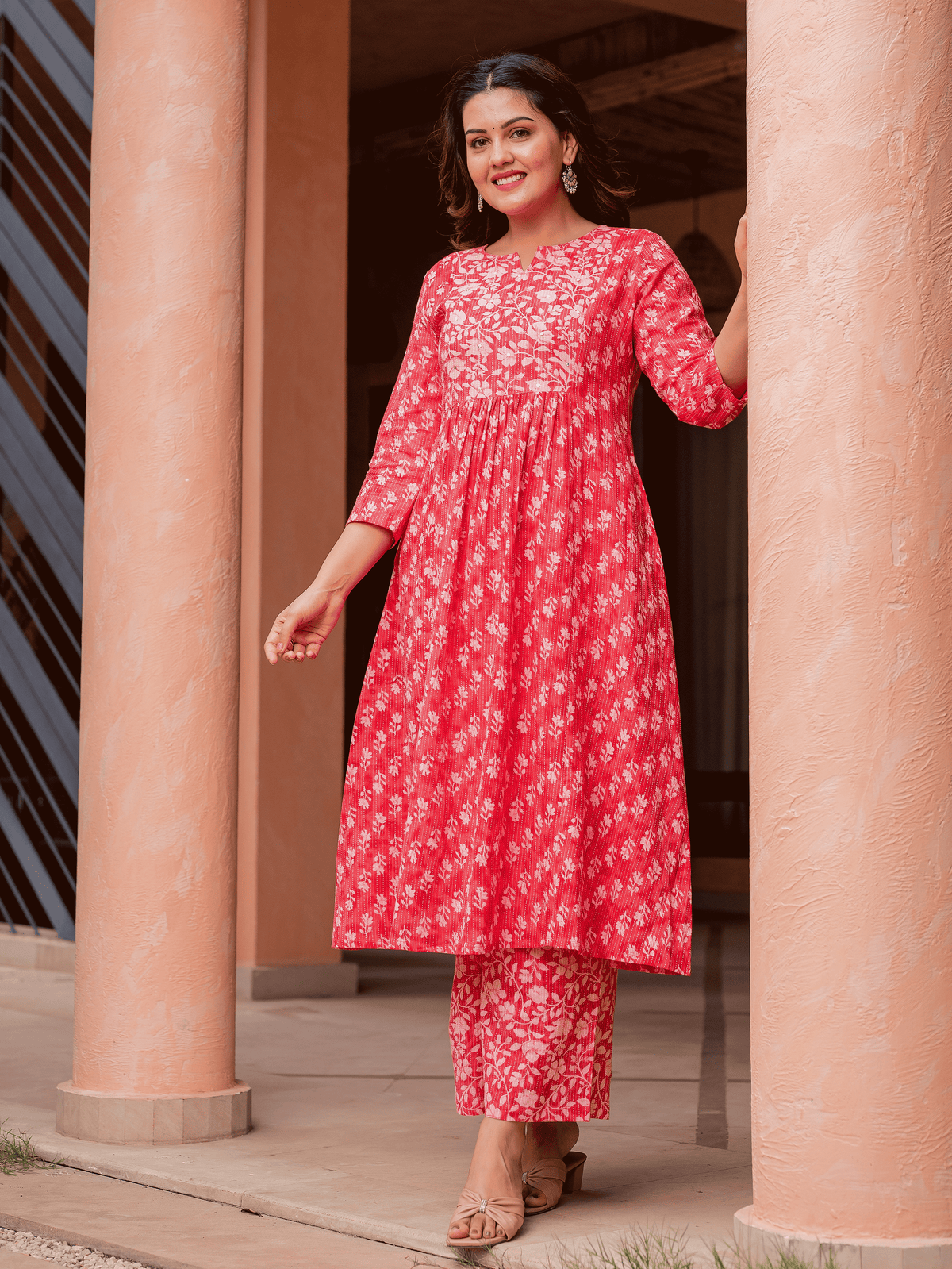 Kantha Cotton Floral Panelled Pink Kurta