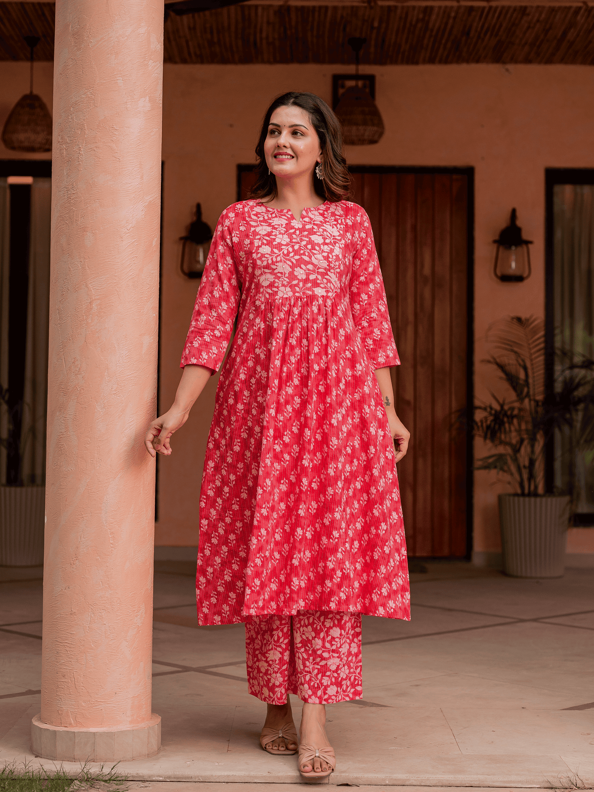 Kantha Cotton Floral Panelled Pink Kurta