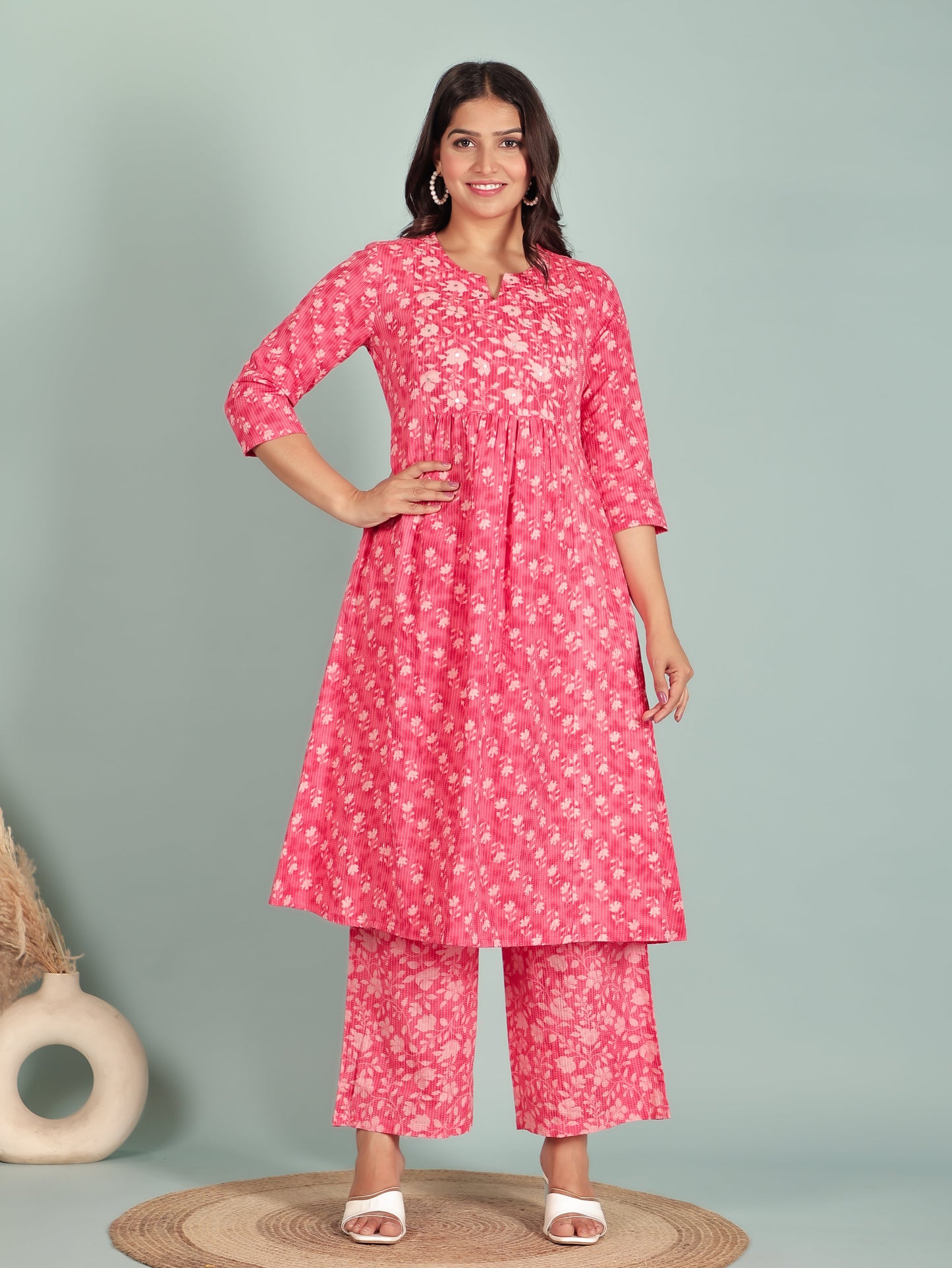 Kantha Cotton Floral Panelled Pink Kurta