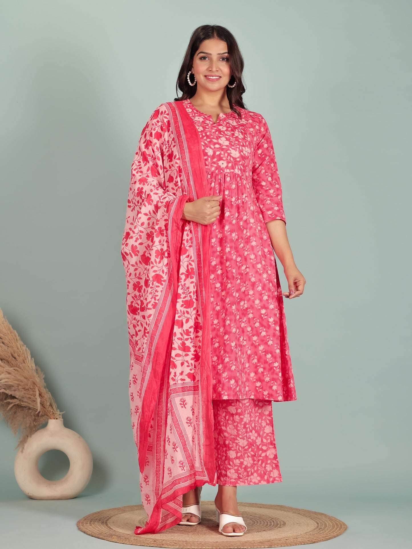 Kantha Cotton Floral Panelled Pink Kurta