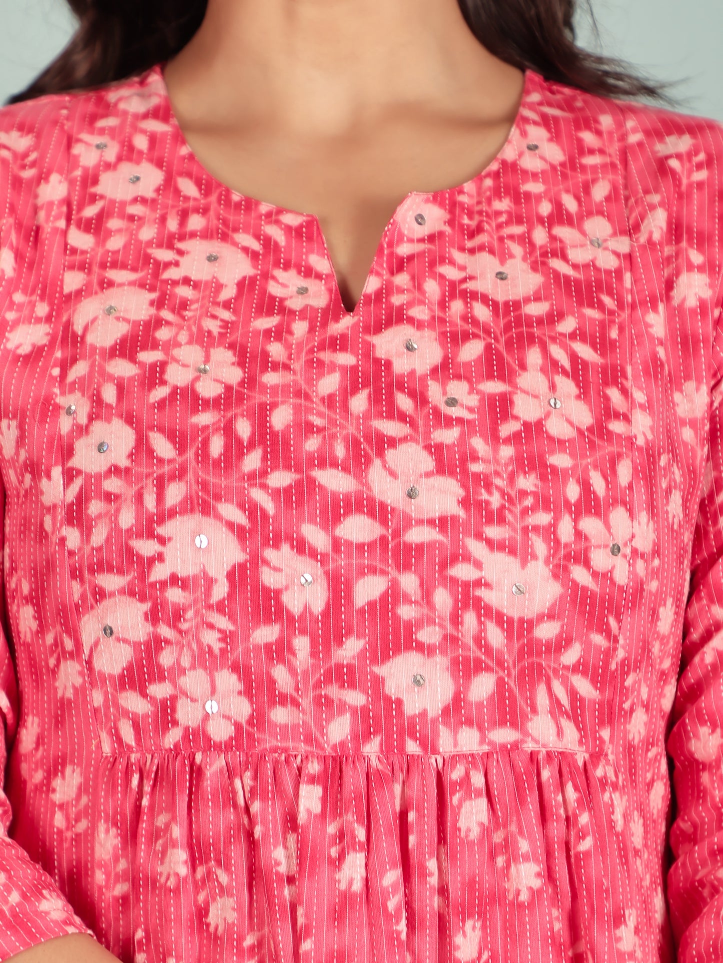 Kantha Cotton Floral Panelled Pink Kurta