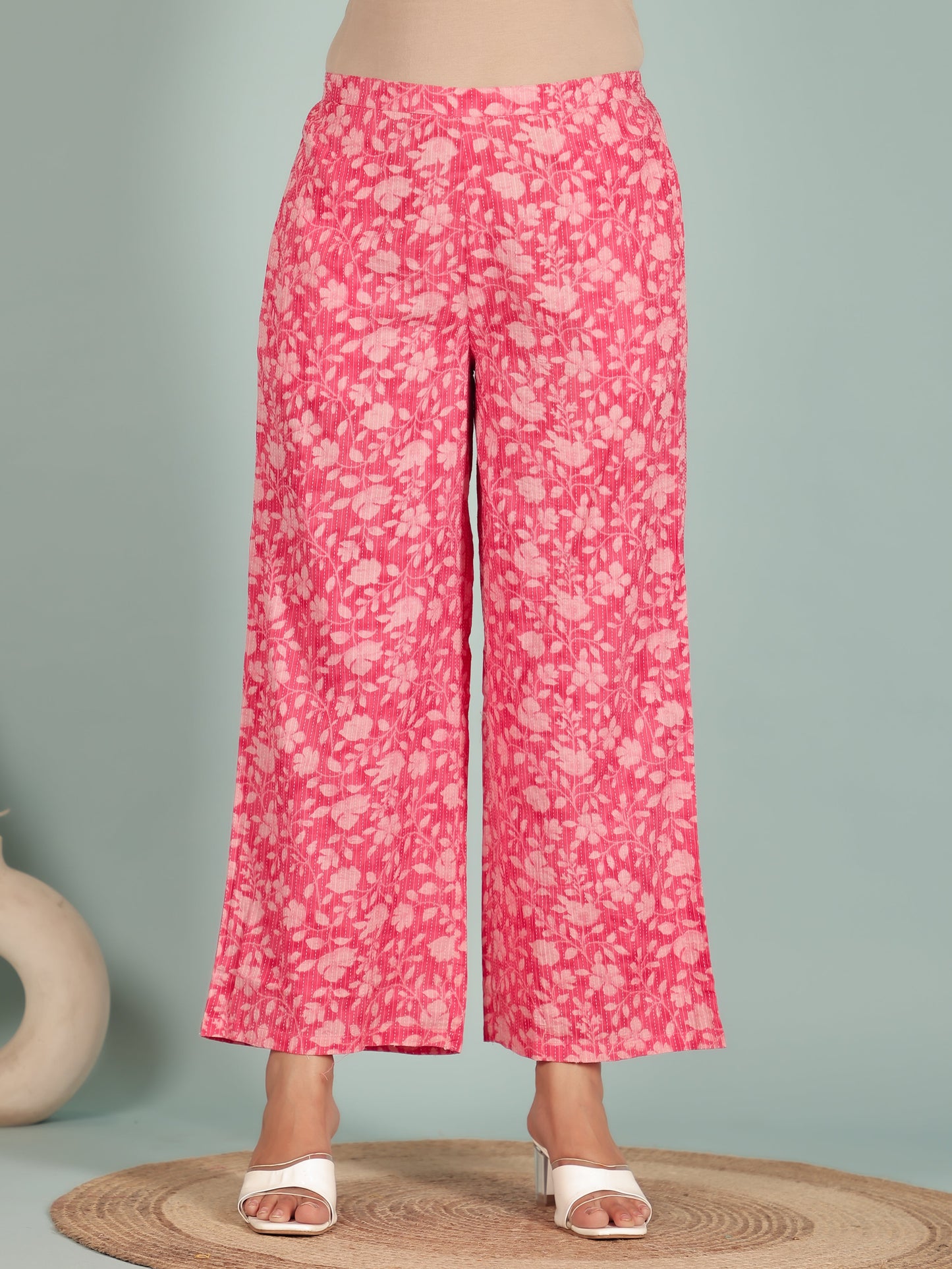 Kantha Cotton Floral Panelled Pink Kurta