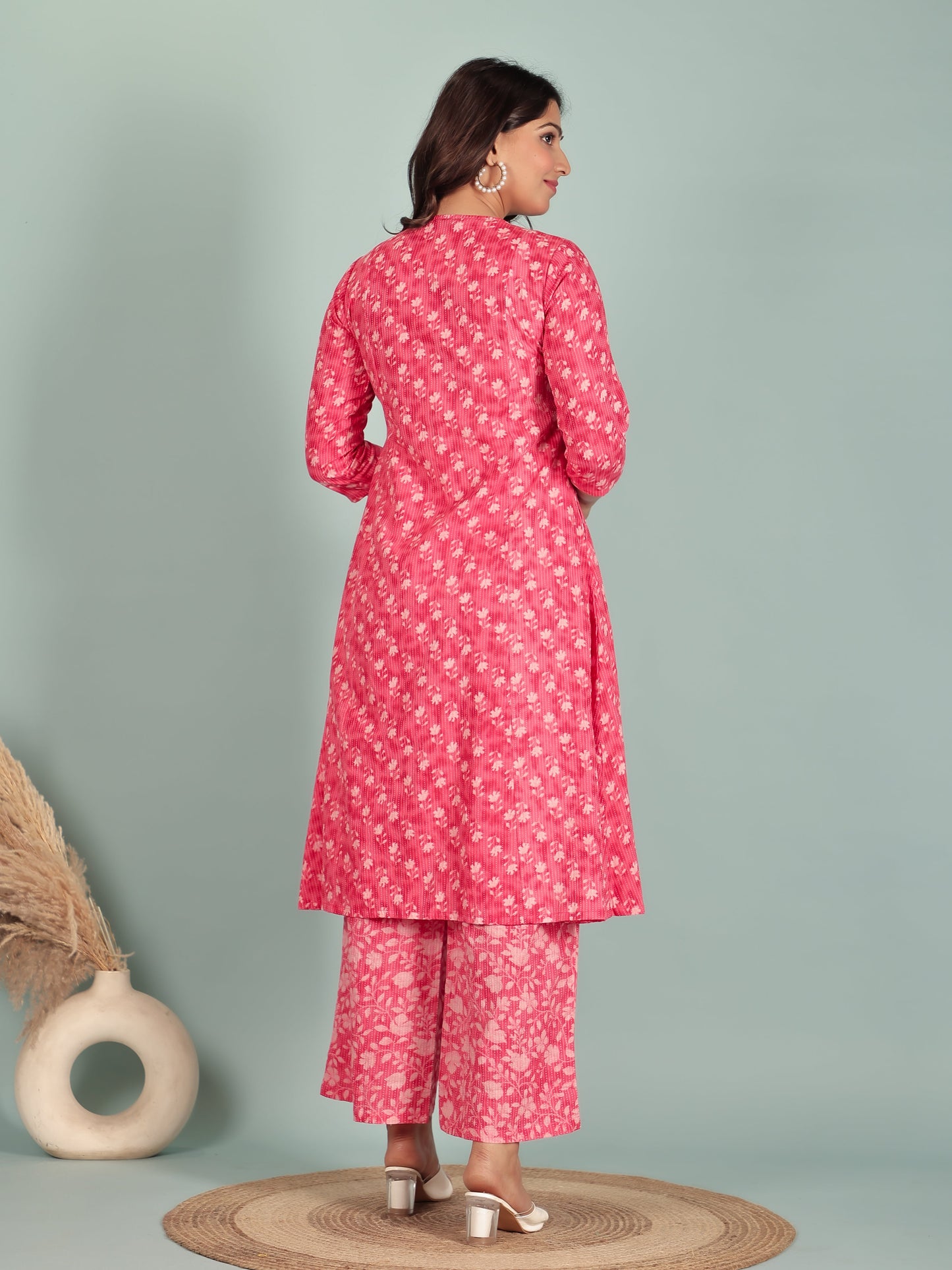Kantha Cotton Floral Panelled Pink Kurta