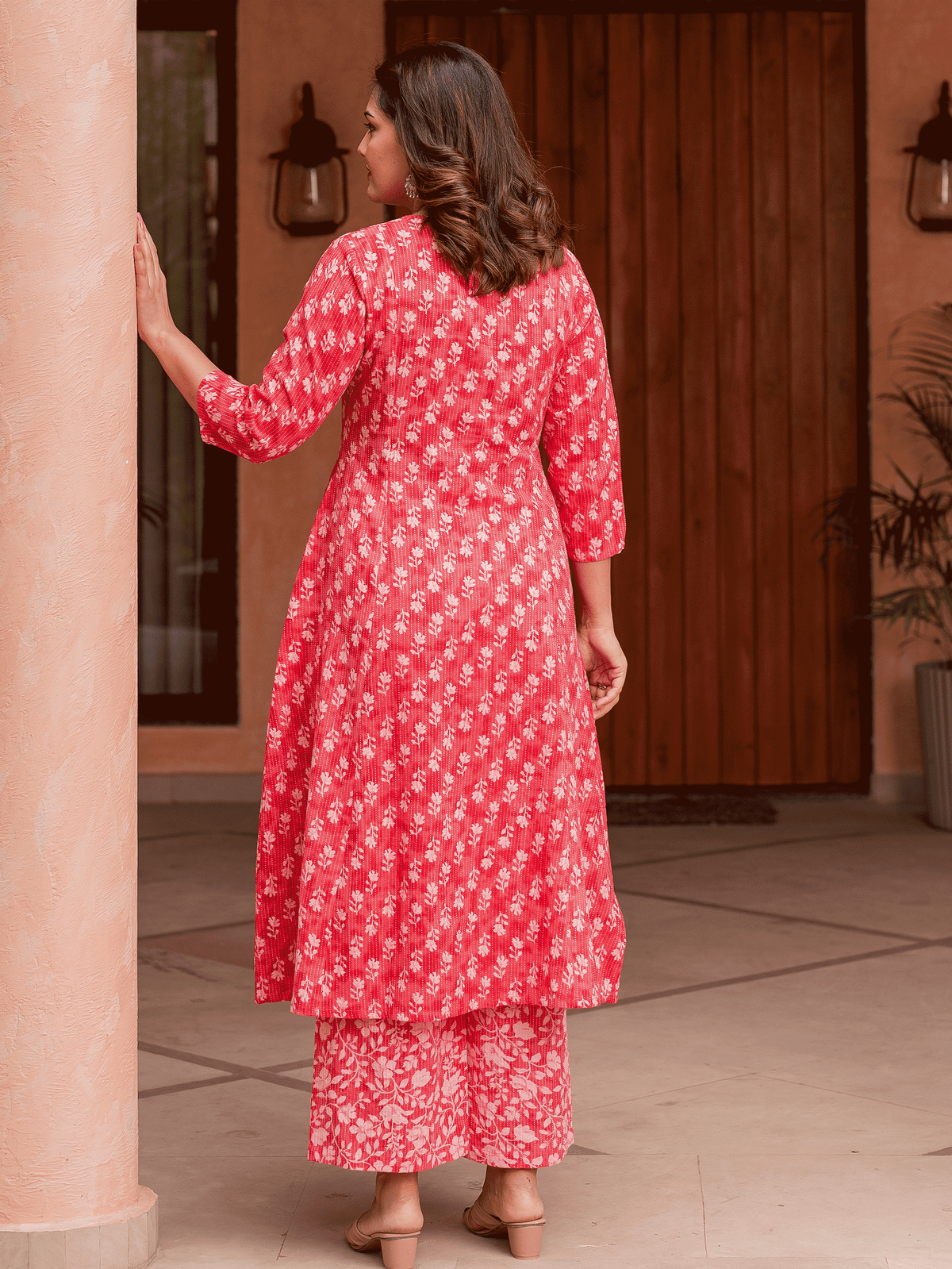 Kantha Cotton Floral Panelled Pink Kurta
