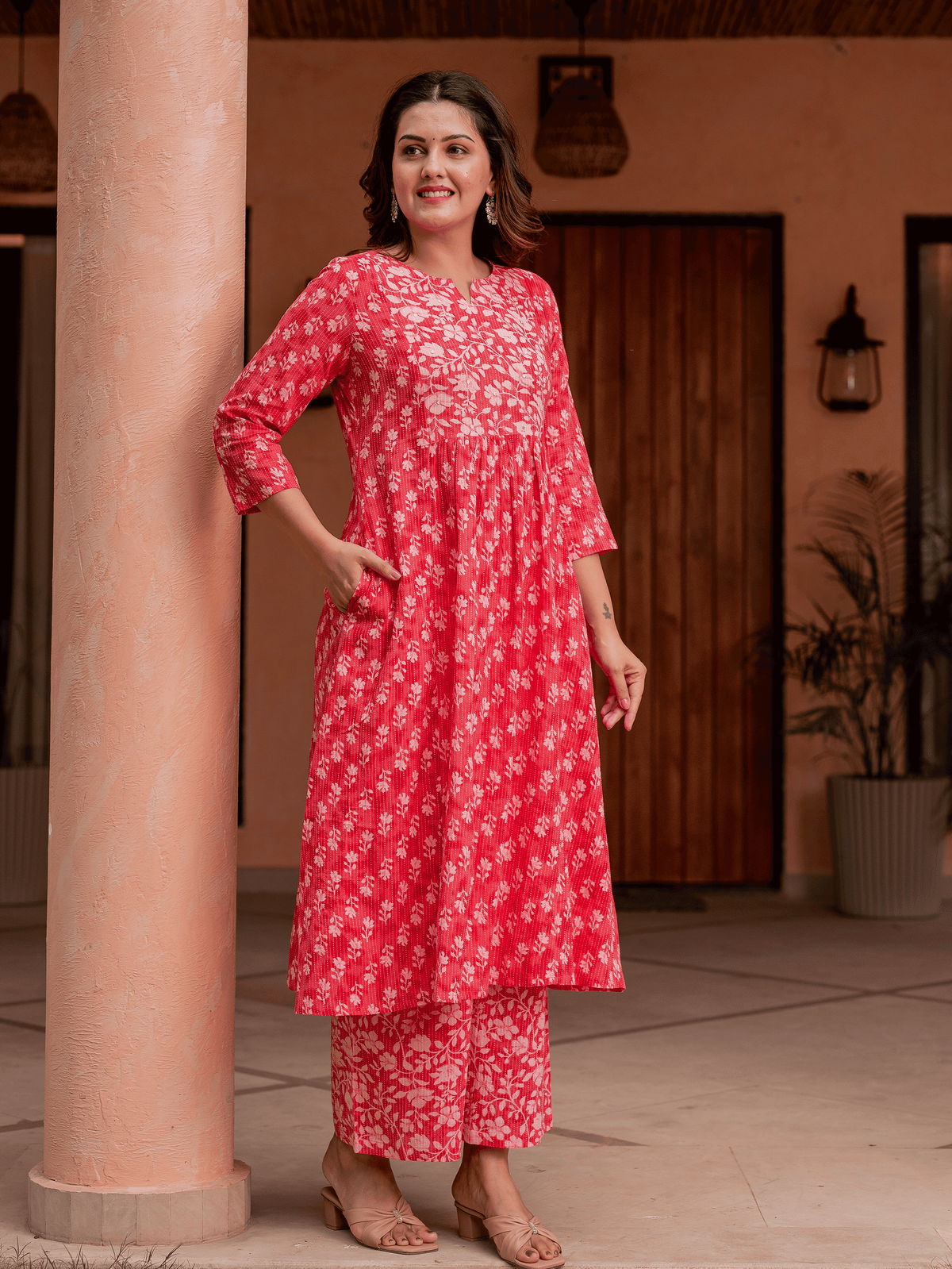 Kantha Cotton Floral Panelled Pink Kurta