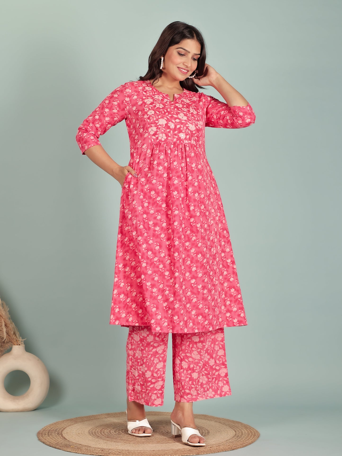 Kantha Cotton Floral Panelled Pink Kurta