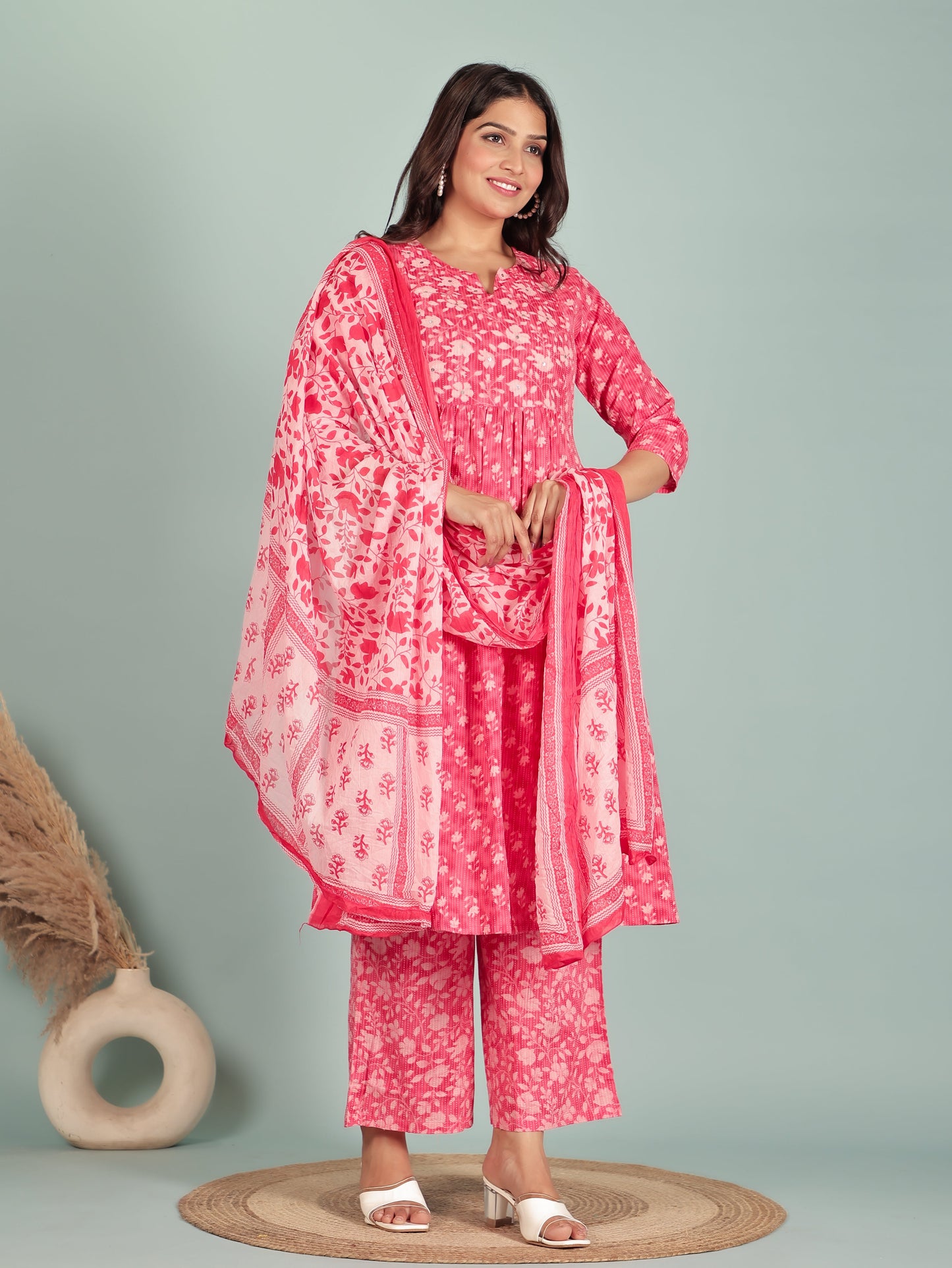 Kantha Cotton Floral Panelled Pink Kurta