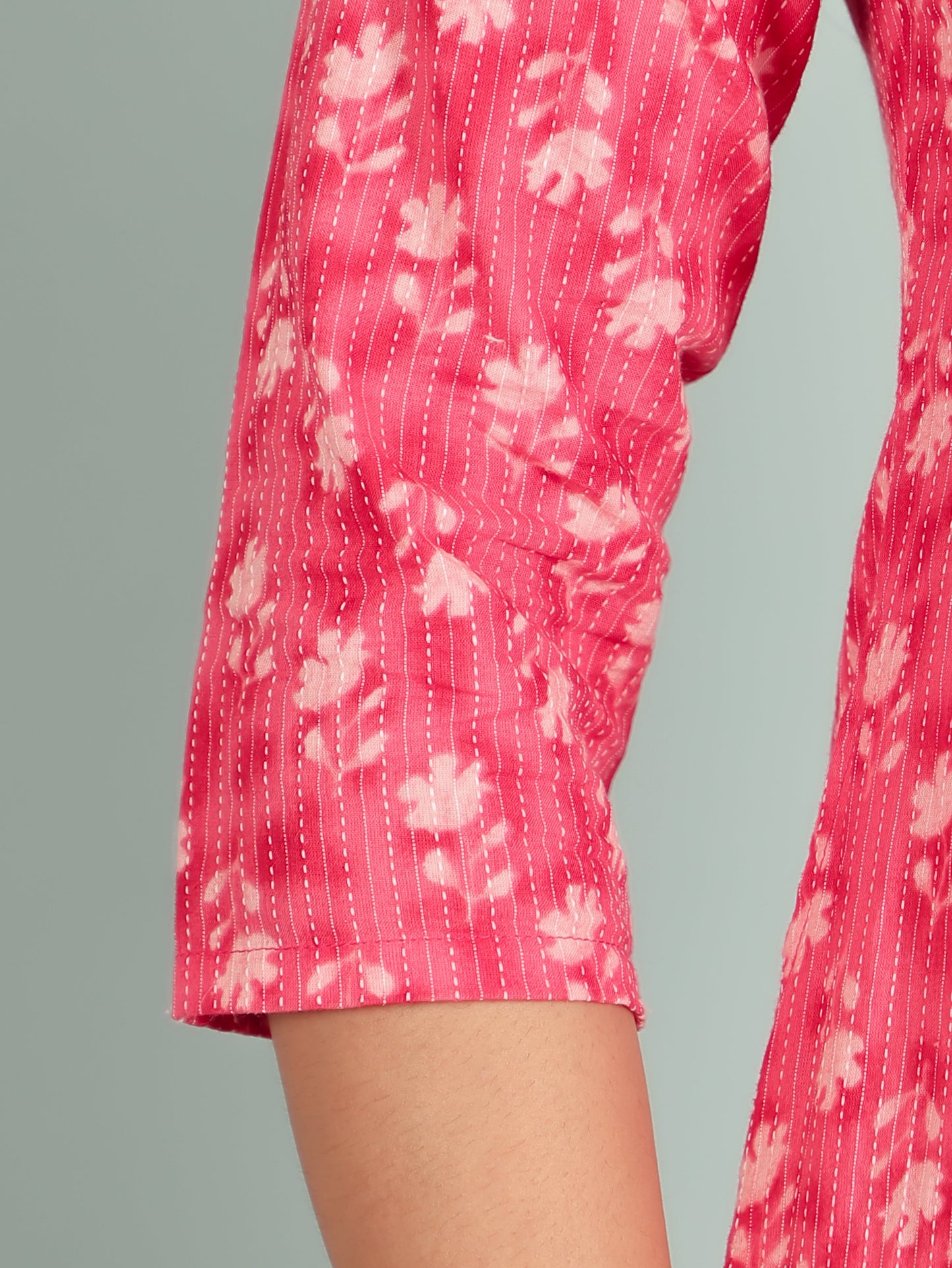 Kantha Cotton Floral Panelled Pink Kurta