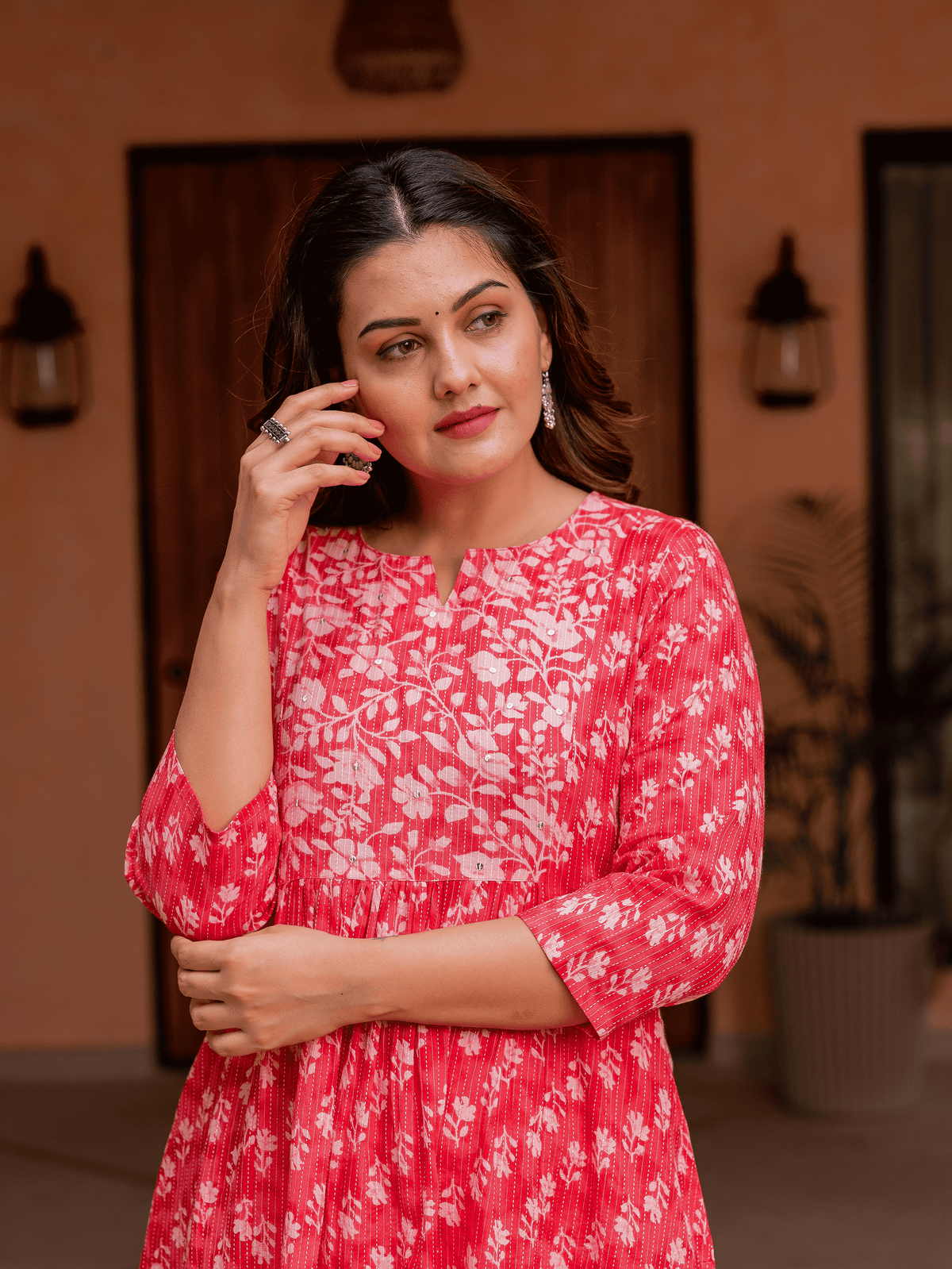 Kantha Cotton Floral Panelled Pink Kurta