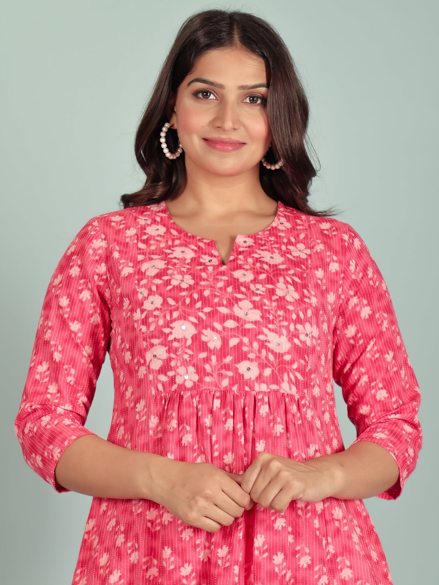 Kantha Cotton Floral Panelled Pink Kurta