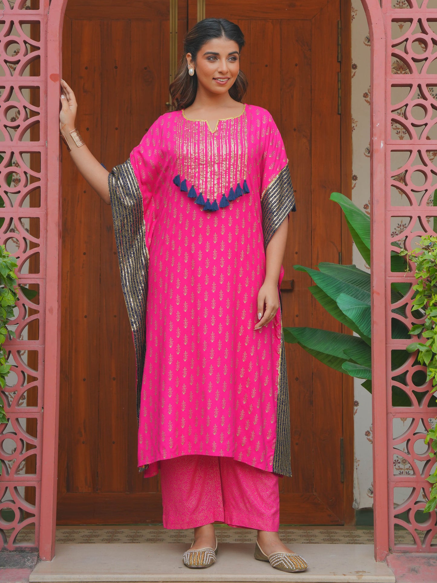 Embroidered Viscose Gold foil Kaftan Royal Pink Kurta