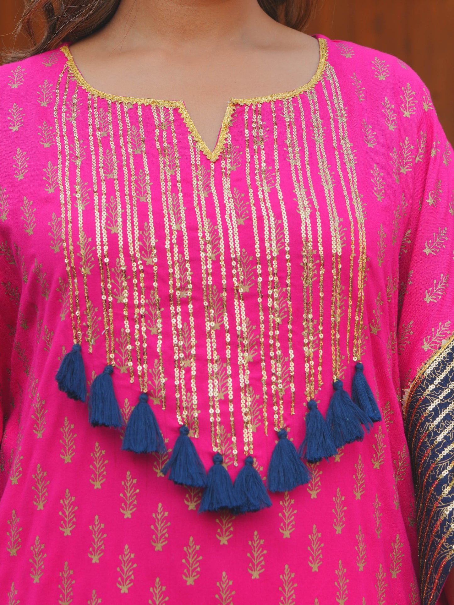 Embroidered Viscose Gold foil Kaftan Royal Pink Kurta