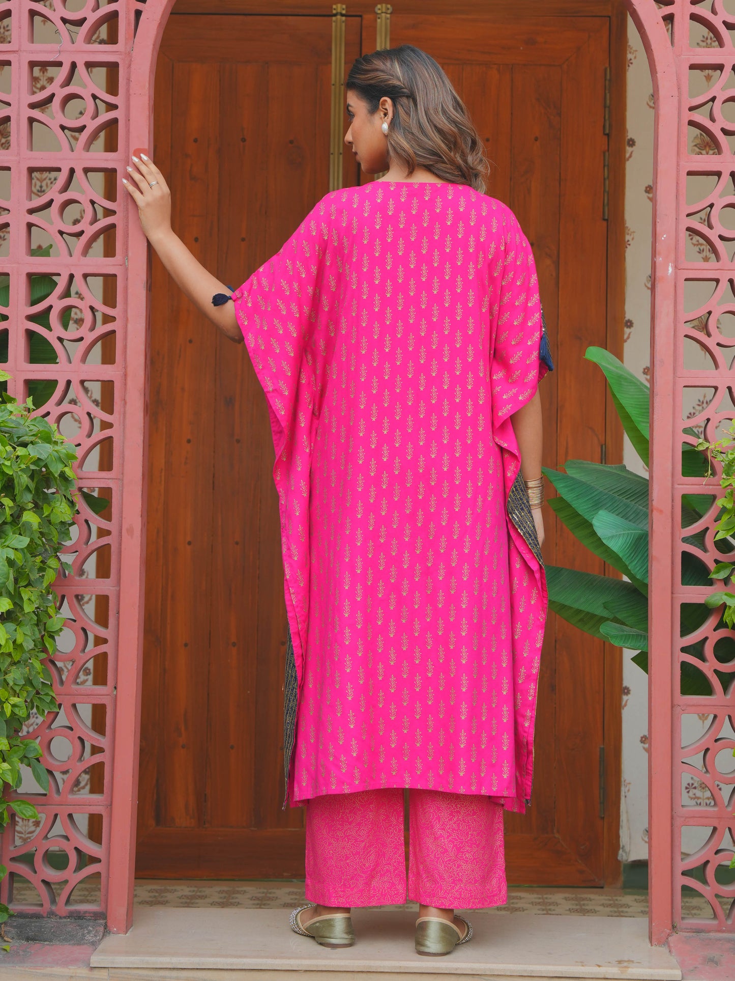 Embroidered Viscose Gold foil Kaftan Royal Pink Kurta
