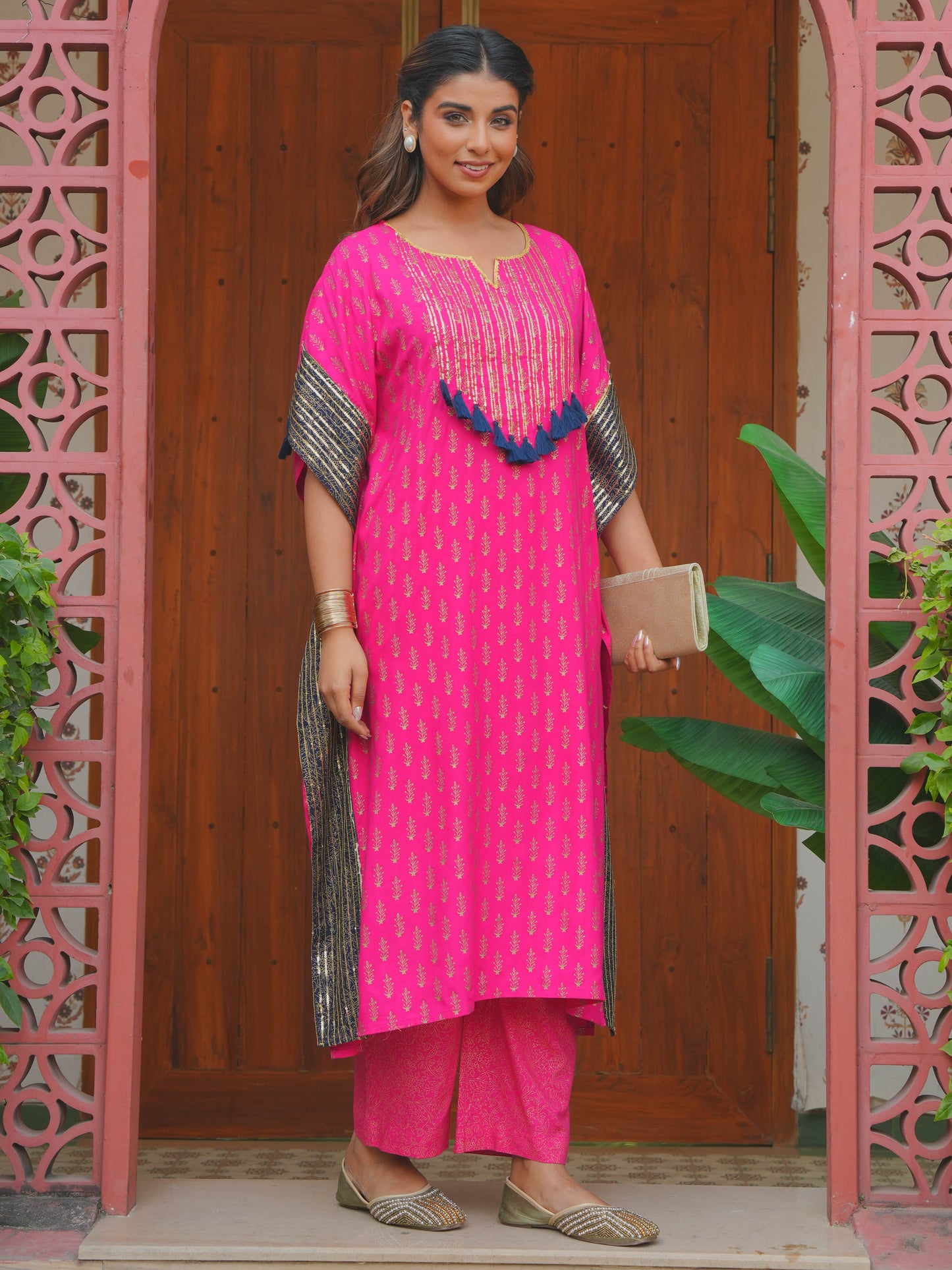 Embroidered Viscose Gold foil Kaftan Royal Pink Kurta