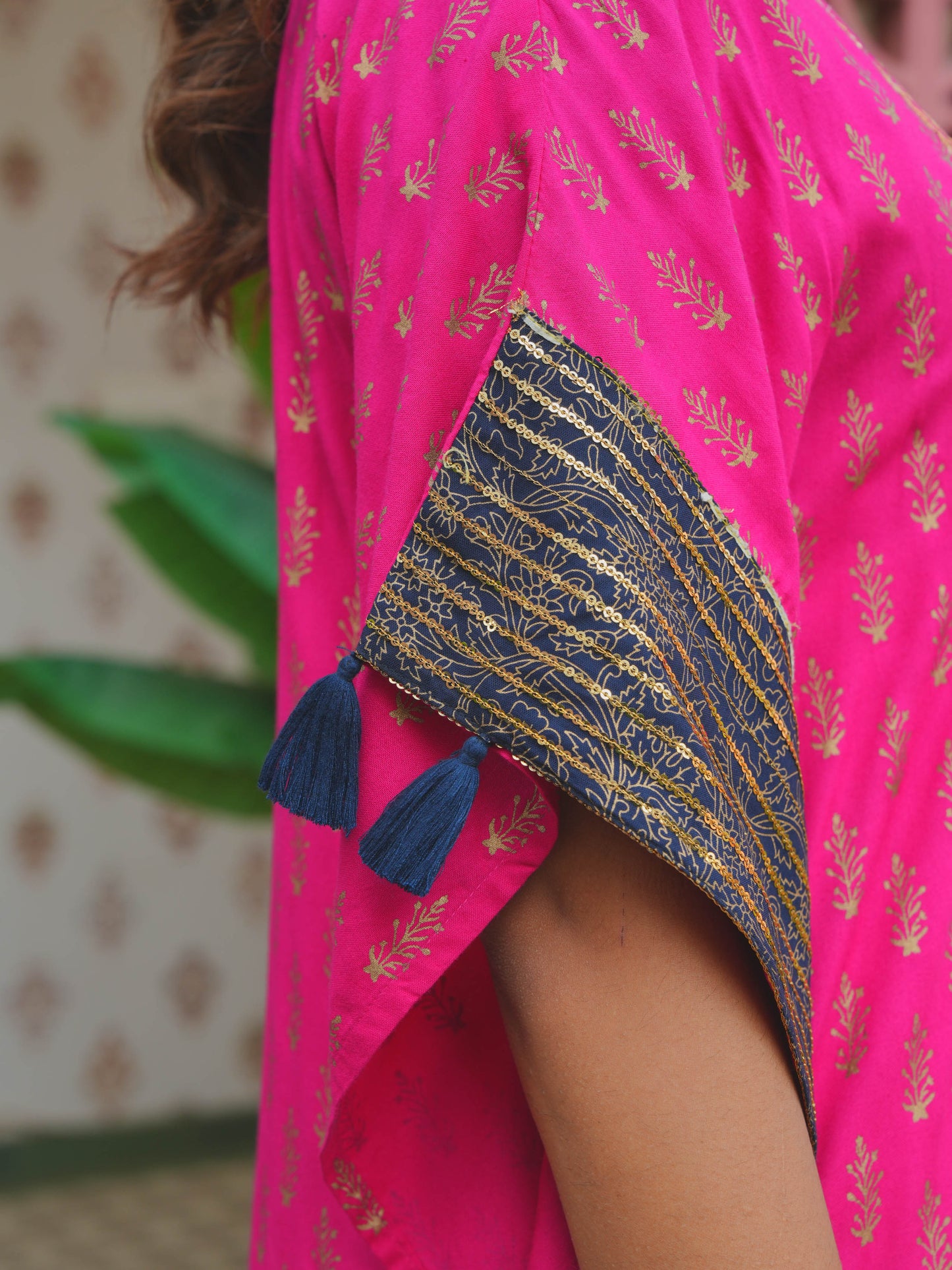 Embroidered Viscose Gold foil Kaftan Royal Pink Kurta
