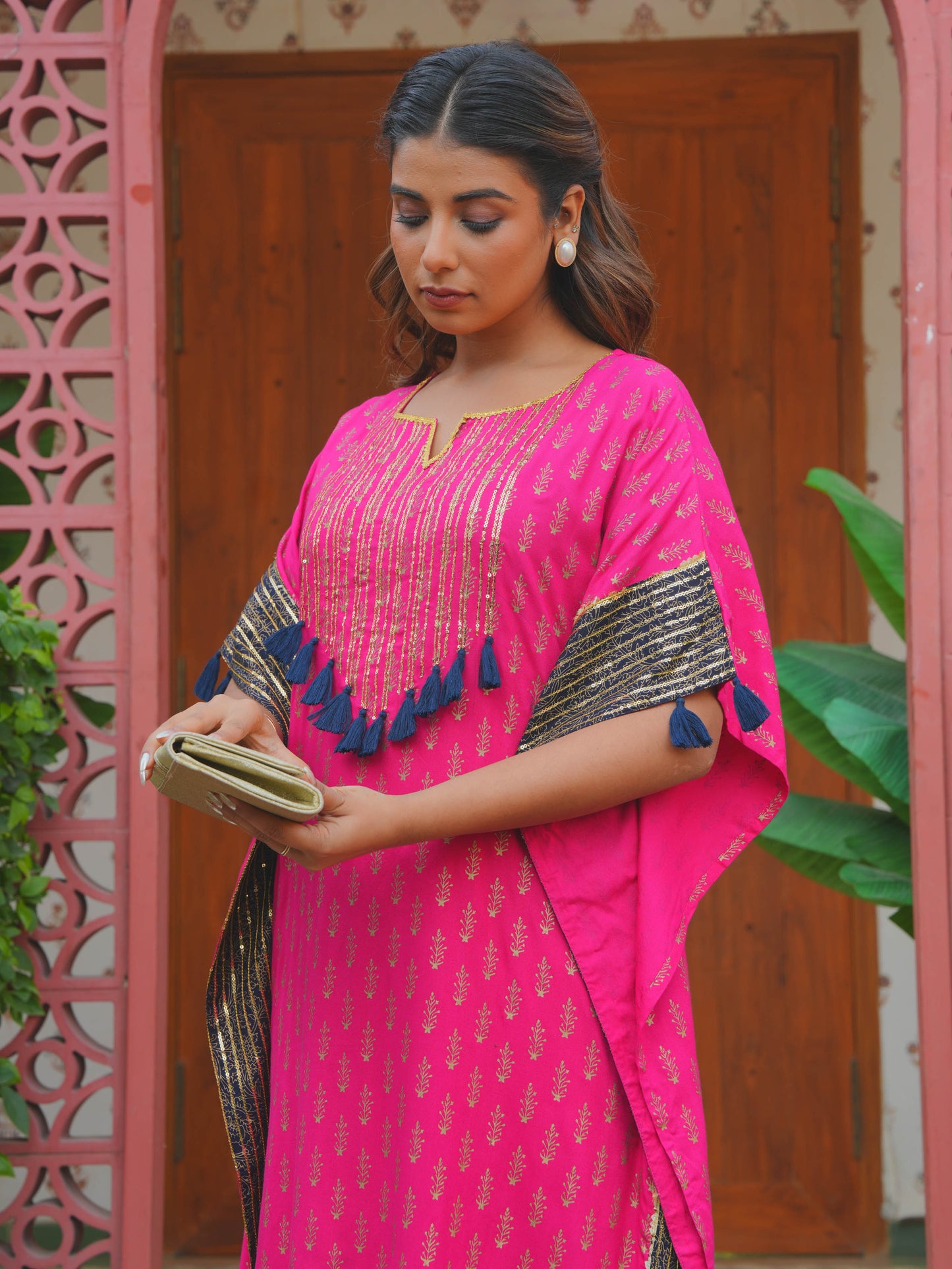 Embroidered Viscose Gold foil Kaftan Royal Pink Kurta