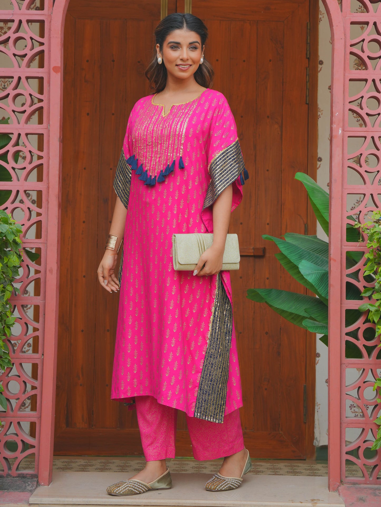 Embroidered Viscose Gold foil Kaftan Royal Pink Kurta