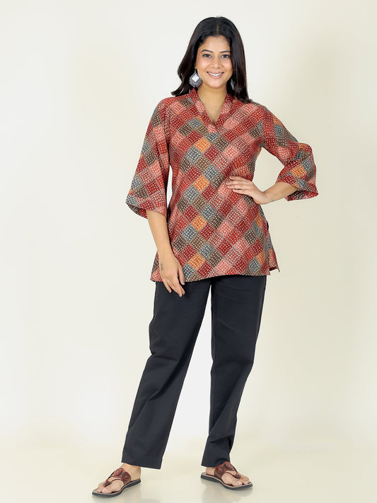 Muslin Bandhani Straight Maroon Kurti