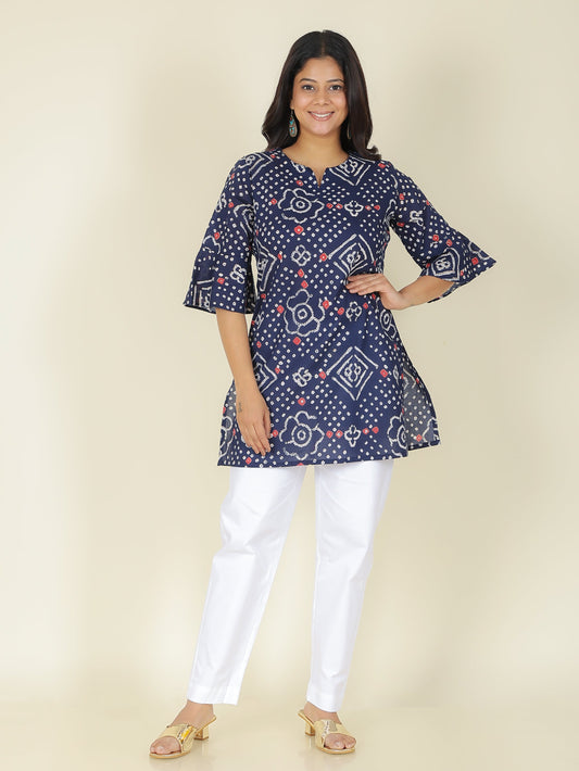 Soft Cotton Bandhani Straight Blue Kurti