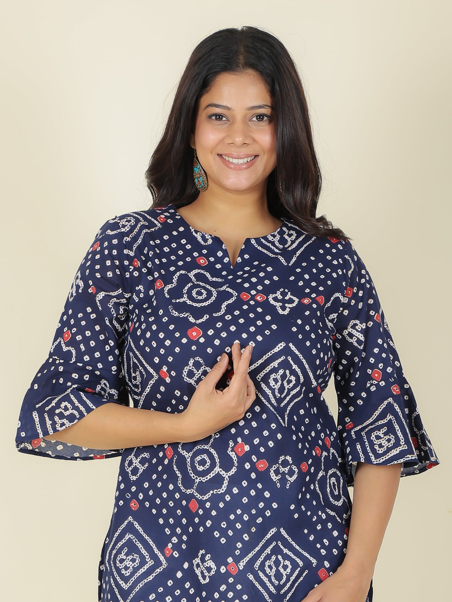 Soft Cotton Bandhani Straight Blue Kurti