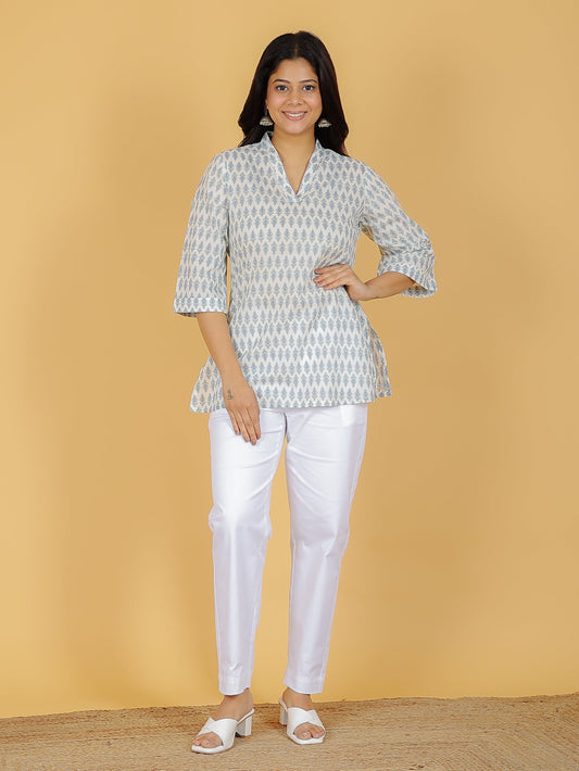 Soft Cotton Gold foil Straight White Kurti
