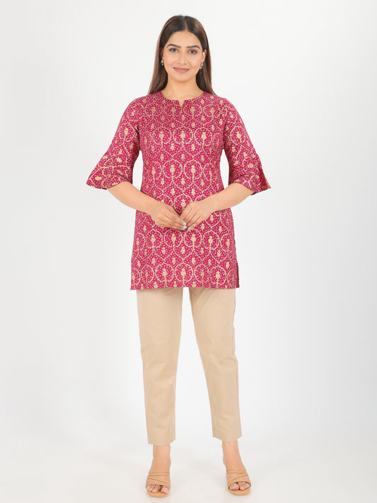 Viscose Gold foil Straight Pink Kurti