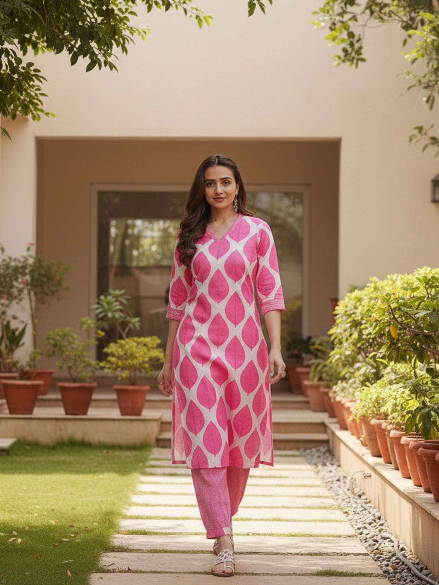 Soft Cotton Floral Straight Pink Kurta